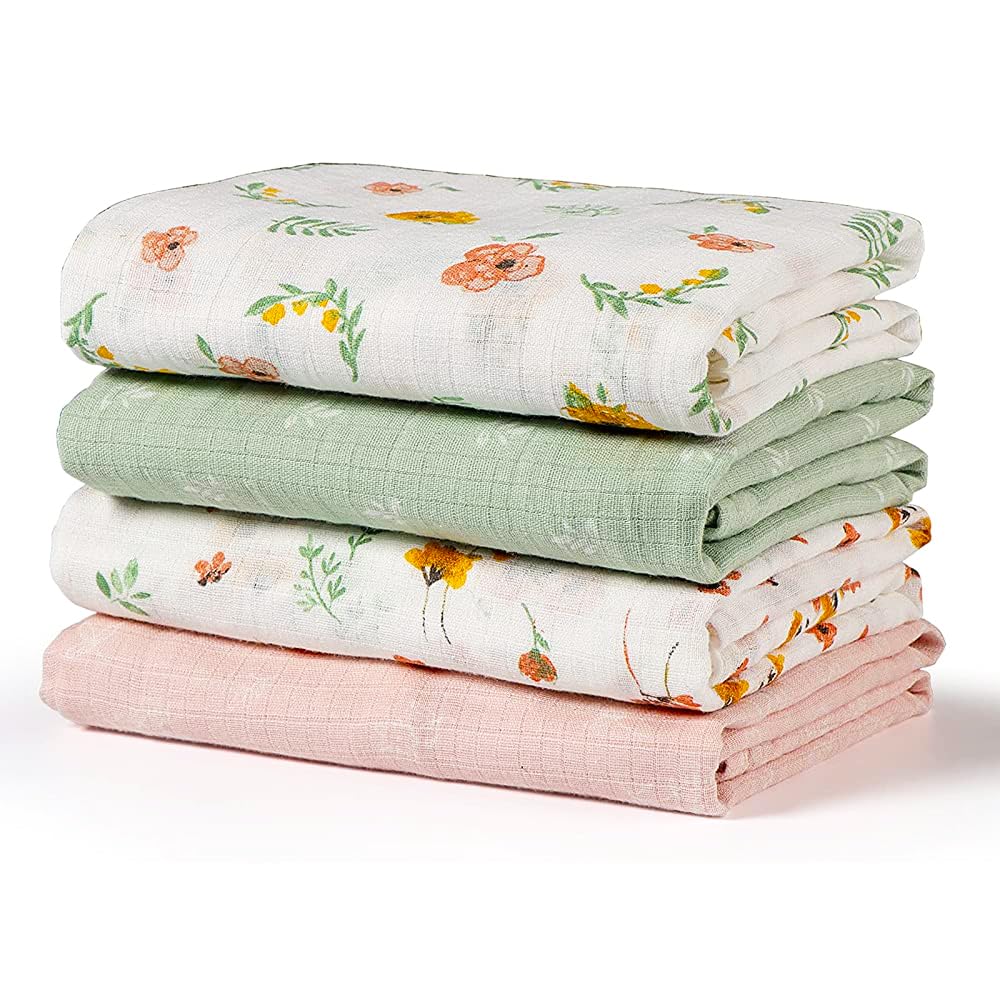 4 Pack Green Floral Muslin Swaddle Blankets for Baby Girls & Boys Gift