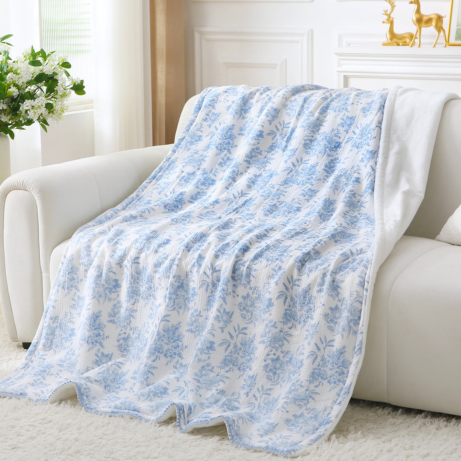 Blue Nerrah Throw Blanket Reversible Muslin Blankets 50x70 inch