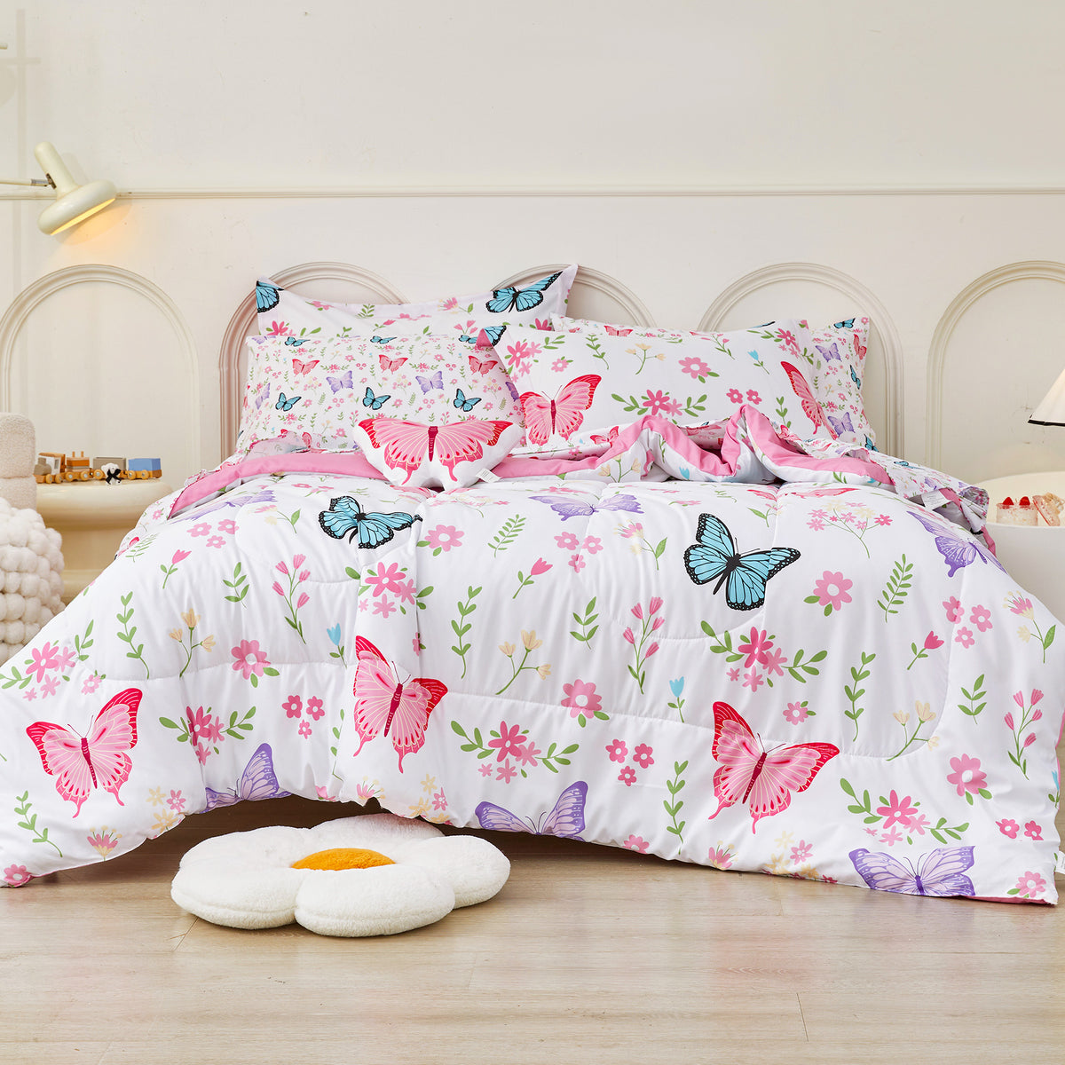 Flower Butterfly Comforter Sets for Kids– 6 or 8 Piece Options