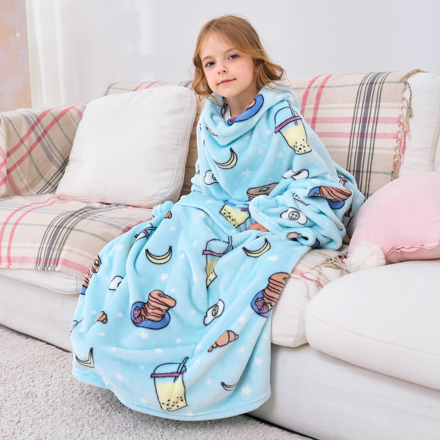 Snacks Wearable Fleece Blanket with Sleeves & Foot Pocket for Kids