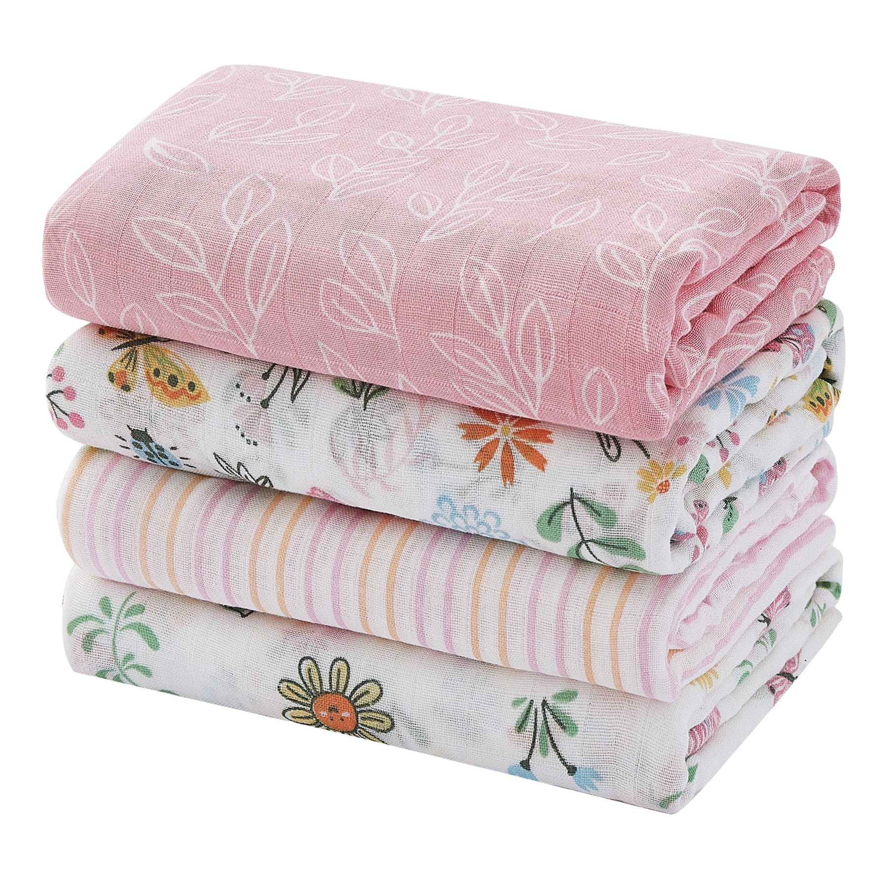 Flowers and Butterflies 4-Pack Cotton Muslin Swaddle Blankets, 47 x 47 in