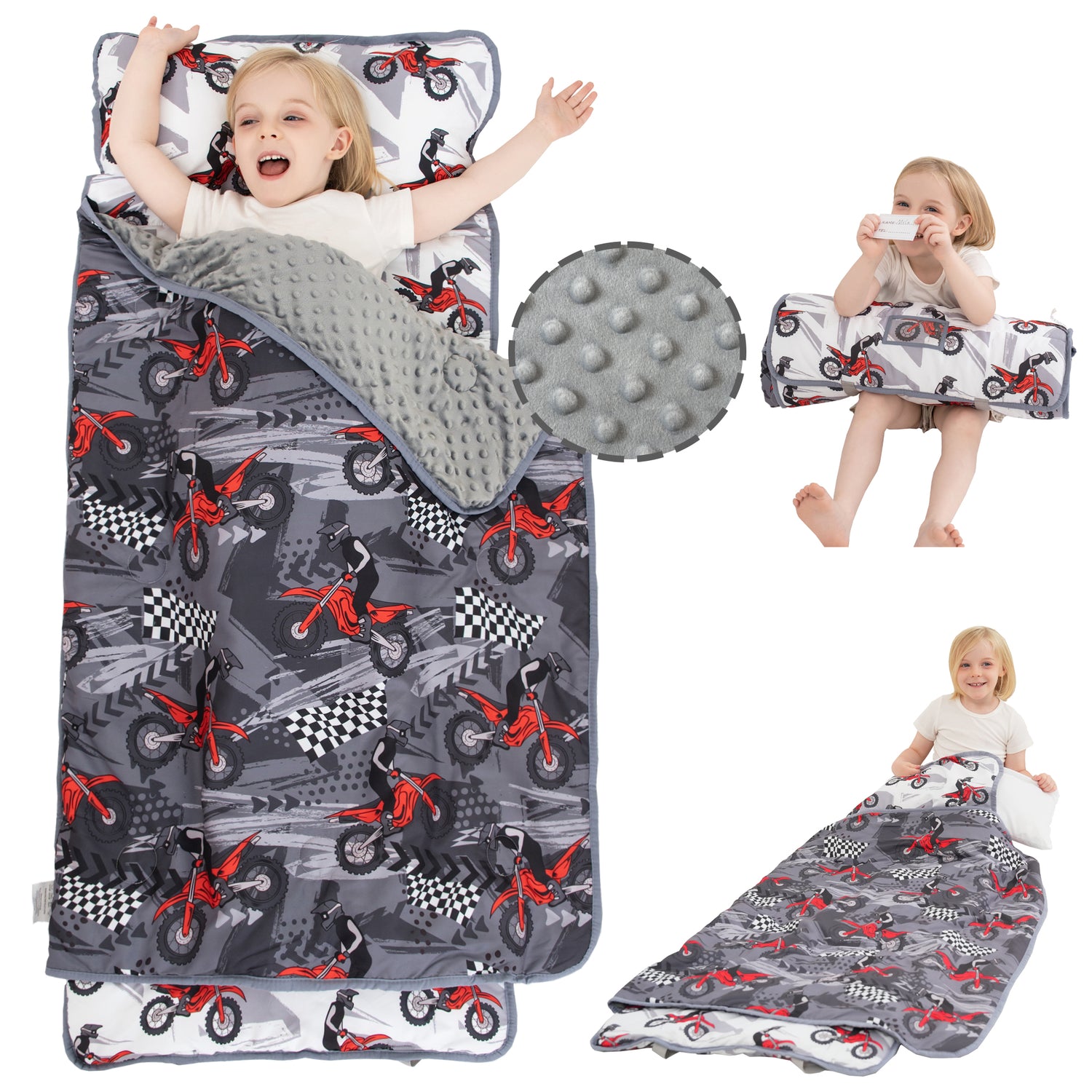 Cool Motocycle Toddler Nap Mat with Pillow and Blanket