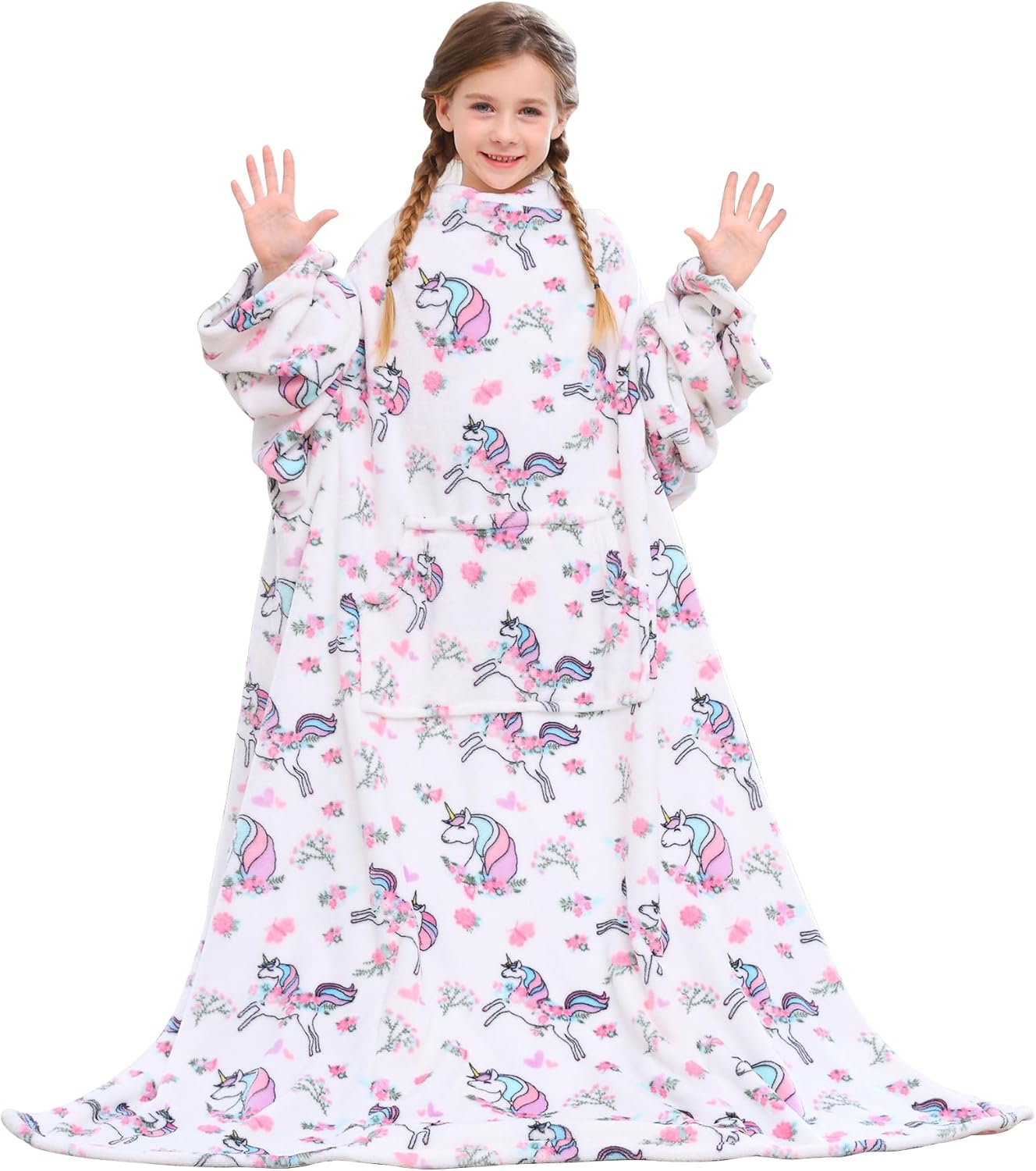 White Unicorn Kids Wearable Fleece Blanket with Sleeves & Foot Pocket