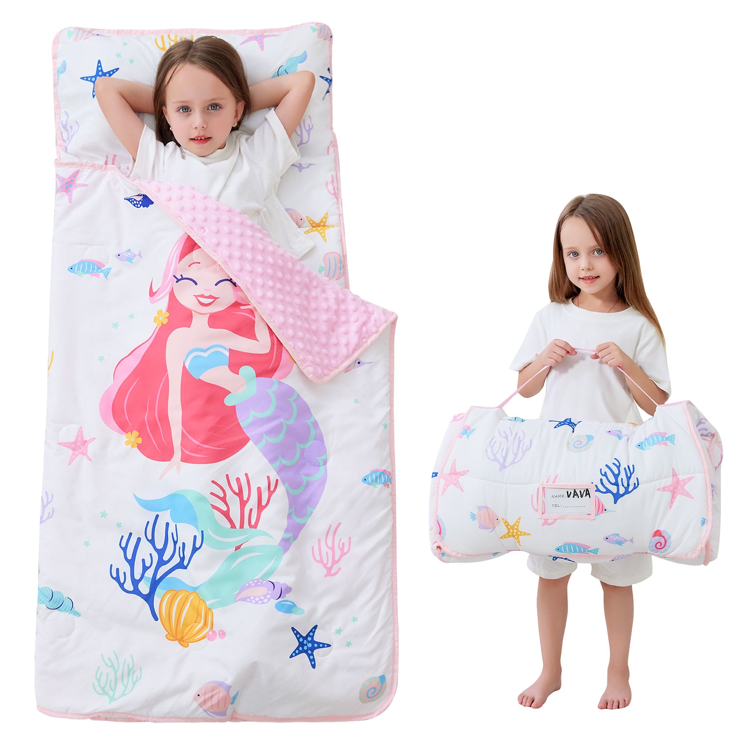White Mermaid Toddler Nap Mat with Pillow and Blanket