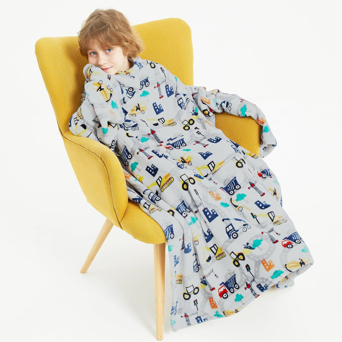 Truck Kids Snuggies Wearable Fleece Blanket with Sleeves & Foot Pocket for Kids Boys Girls,Lightweight Soft Blanket with Hook & Loop 48" x 48"