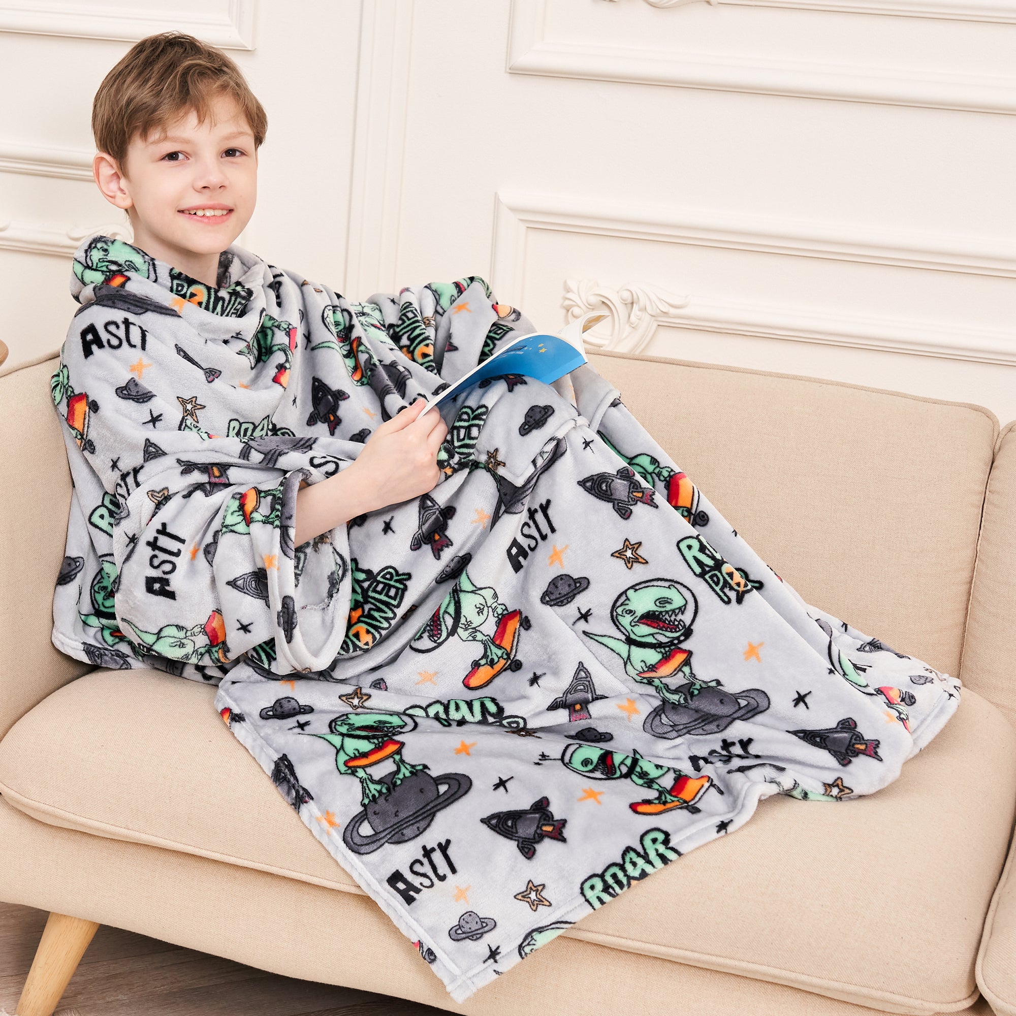 Manta polar de dinosaurio para niños con mangas y bolsillo para los pies 