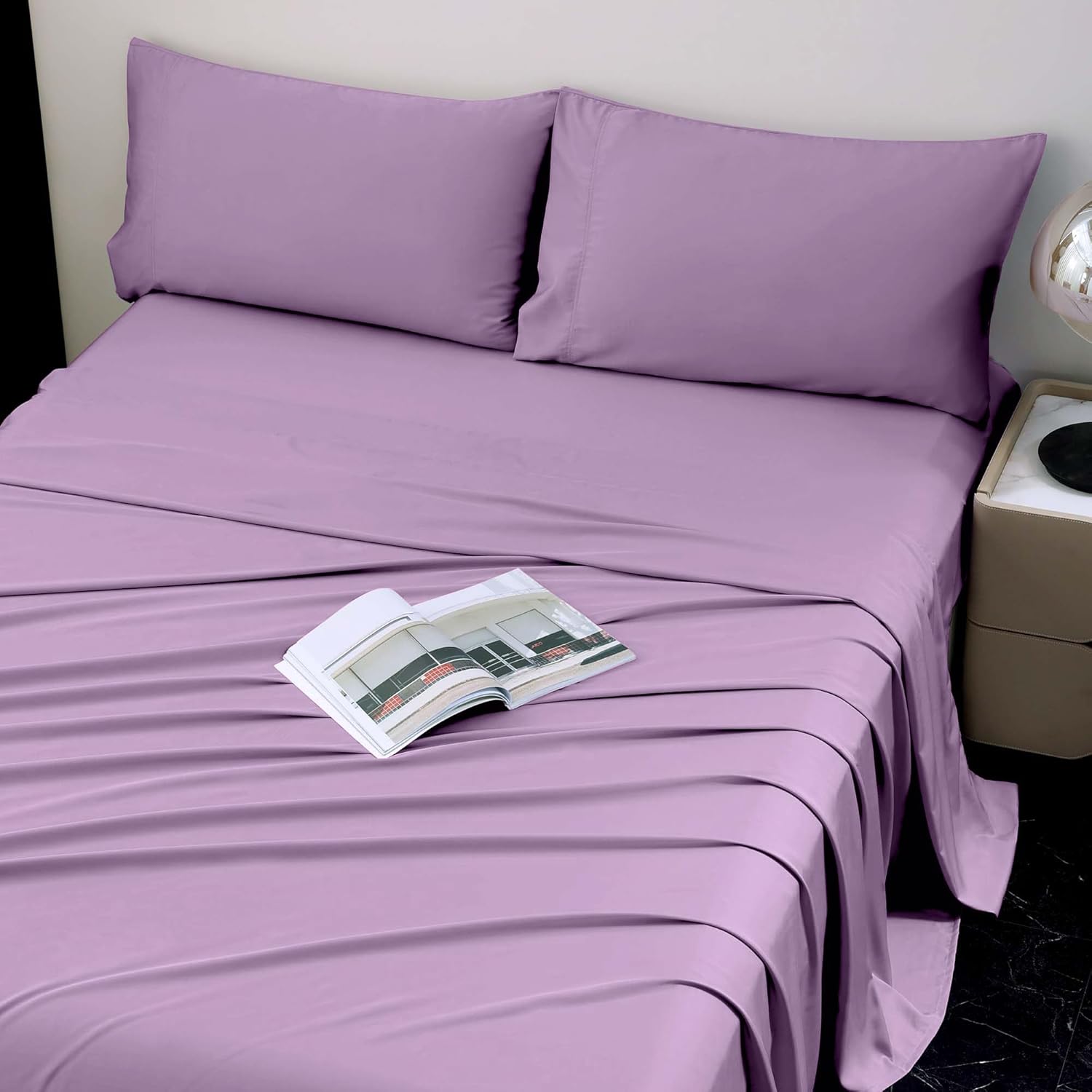 Cooling Full Double Sheets, 100% Viscose Derived from Bamboo with Elastic Corner Straps, Light Plum Cold Siky Sheet & Pillowcase Sets for Hot Sleepers