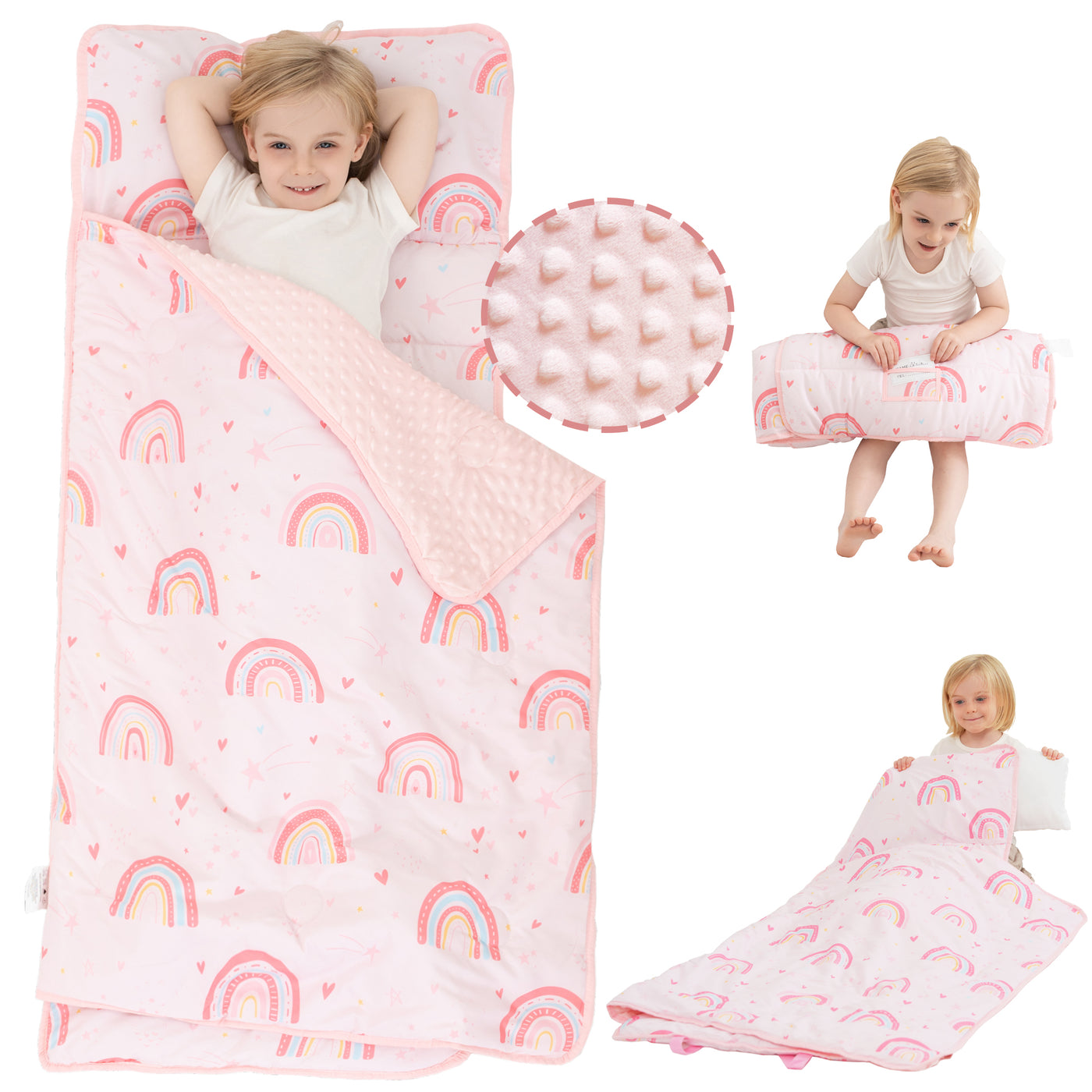 Pink Rainbow Toddler Nap Mat with Pillow & Blanket