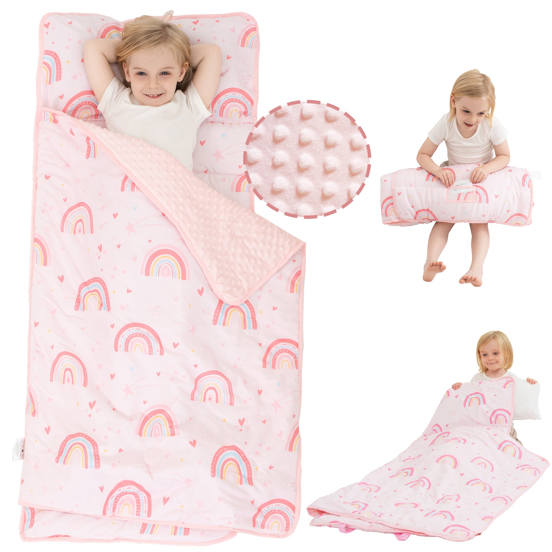 Pink Rainbow Toddler Nap Mat with Pillow & Blanket