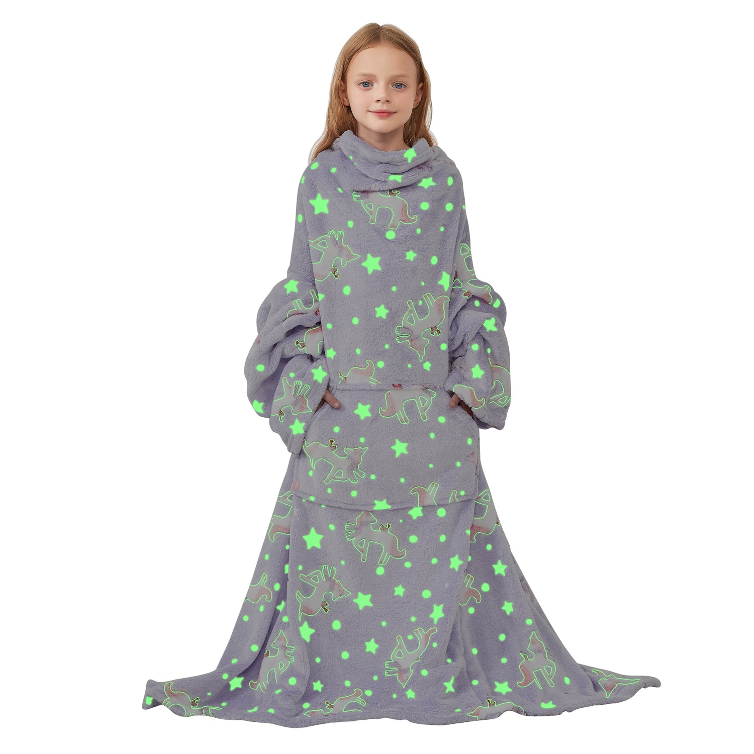 Glowing Unicorn Wearable Fleece Blanket with Sleeves & Foot Pocket for Kids