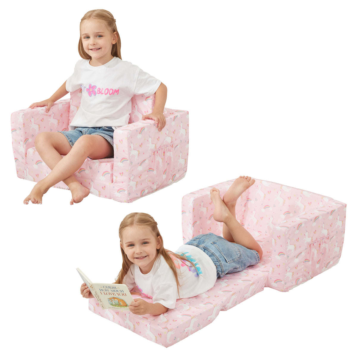 Pink Unicorn 2-in-1 Toddler Sofa Bed with Removable Cover & Pockets
