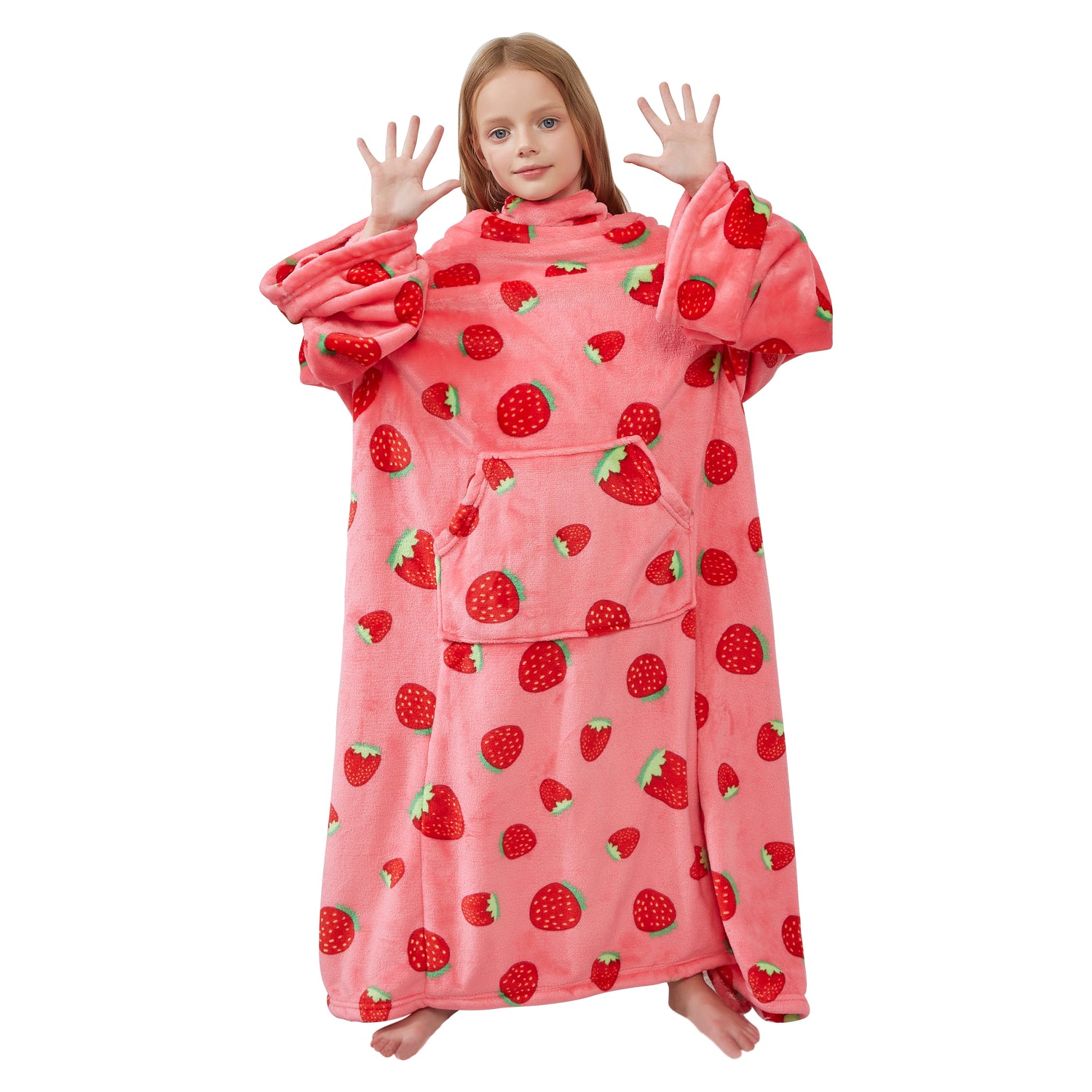 Strawberry Wearable Fleece Blanket with Sleeves & Foot Pocket for Kids