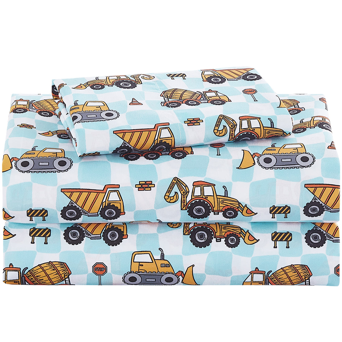 Grid Excavator Kids Bed Sheet Set Deep Pocket Double Brushed Microfiber