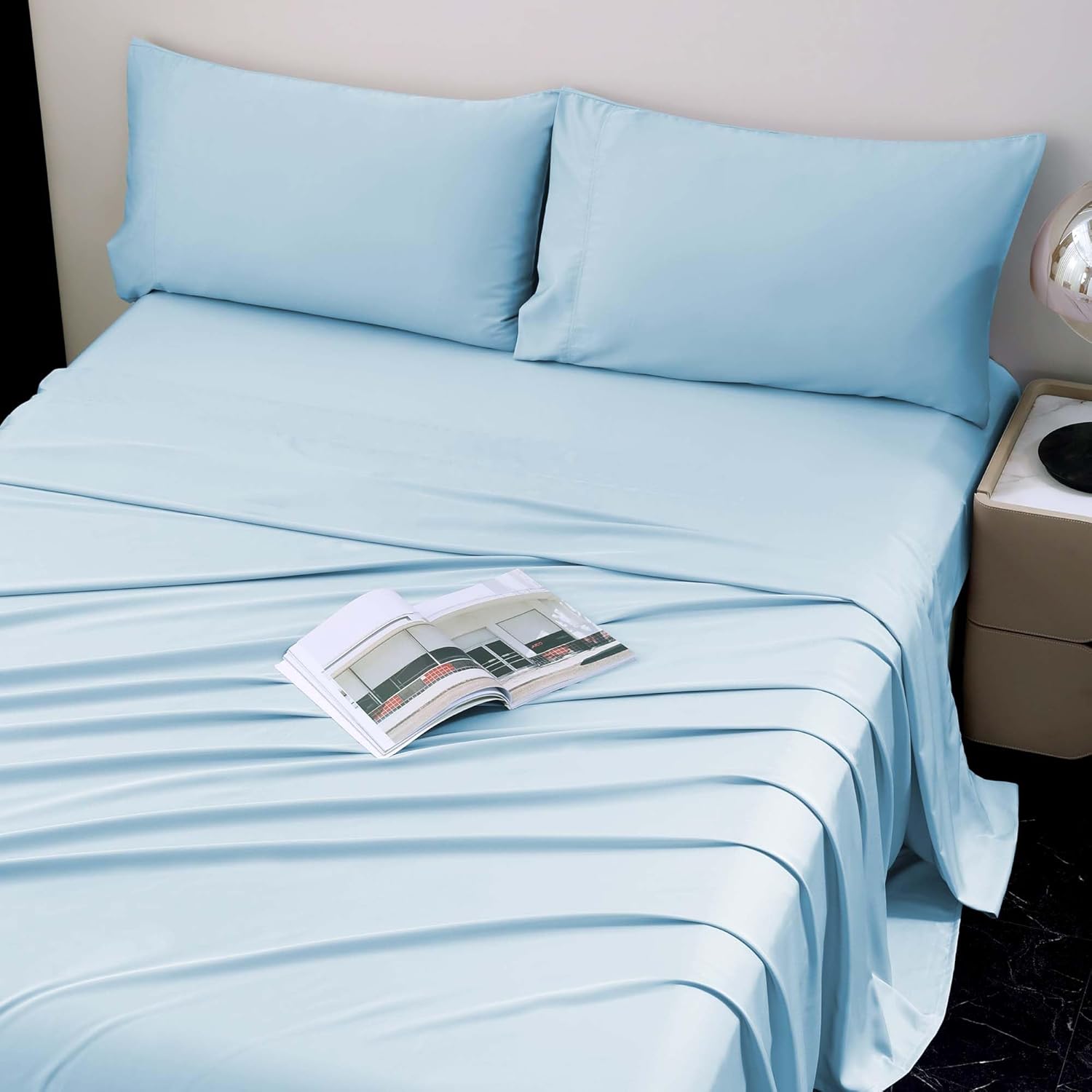 Cooling Full Sheets, Bamboo Viscose with Elastic Corner Straps, Sky Blue Cold Siky Sheet & Pillowcase Sets for Hot Sleepers