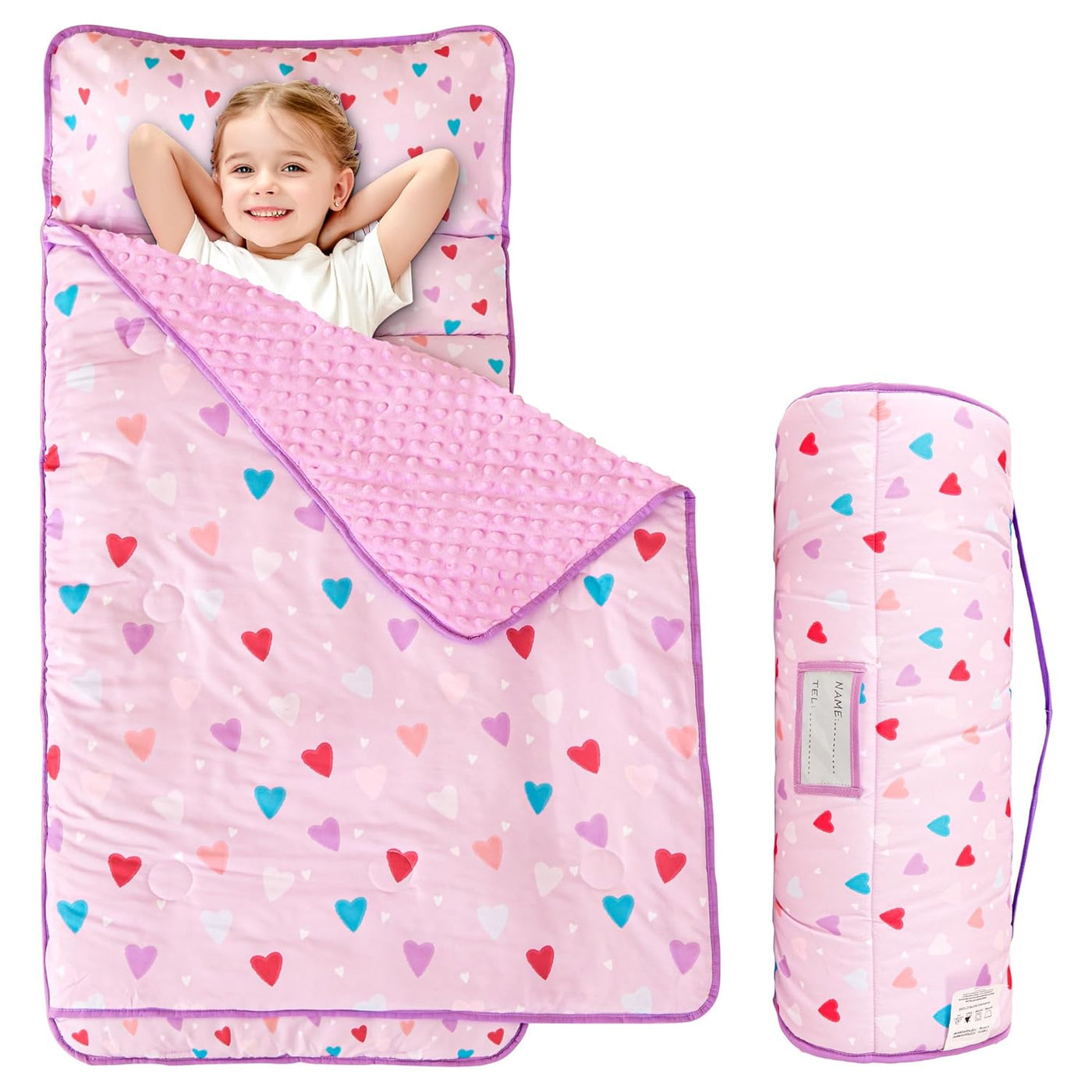 Colorful Hearts Toddler Nap Mat with Pillow & Blanket