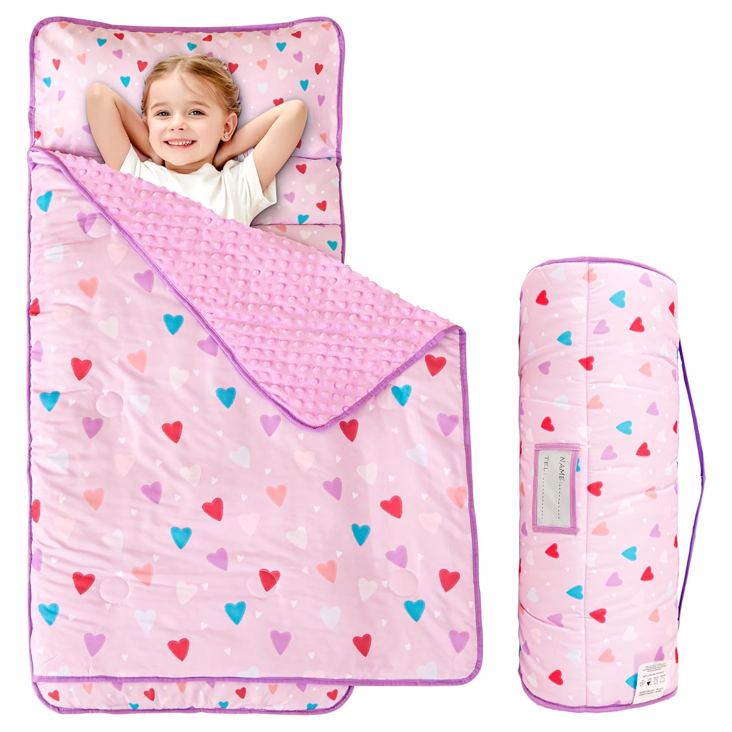 Colorful Hearts Toddler Nap Mat with Pillow & Blanket