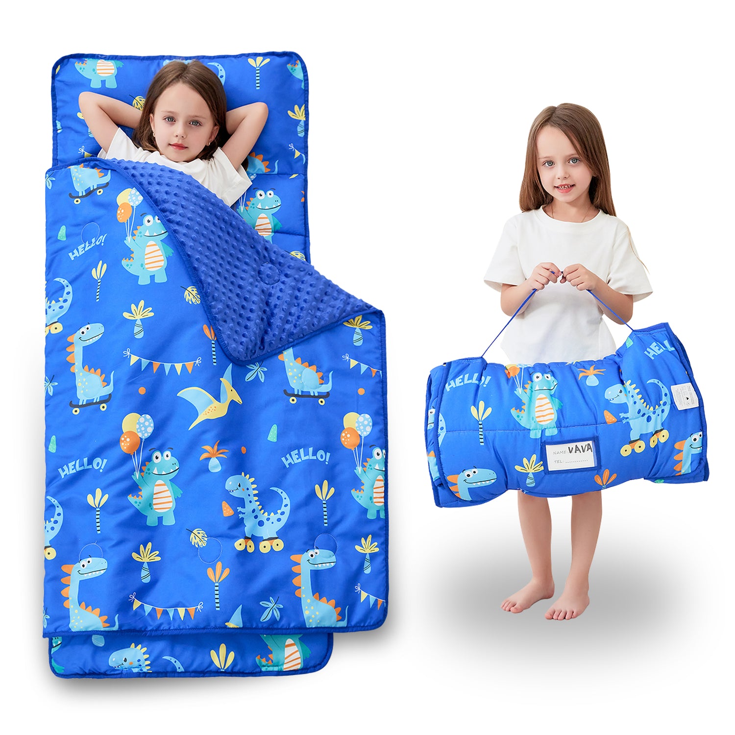 Blue Dinosaurs Toddler Nap Mat with Pillow and Blanket