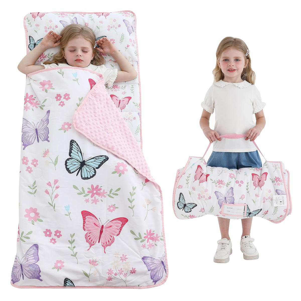 White Butterfly Toddler Nap Mat with Pillow & Blanket