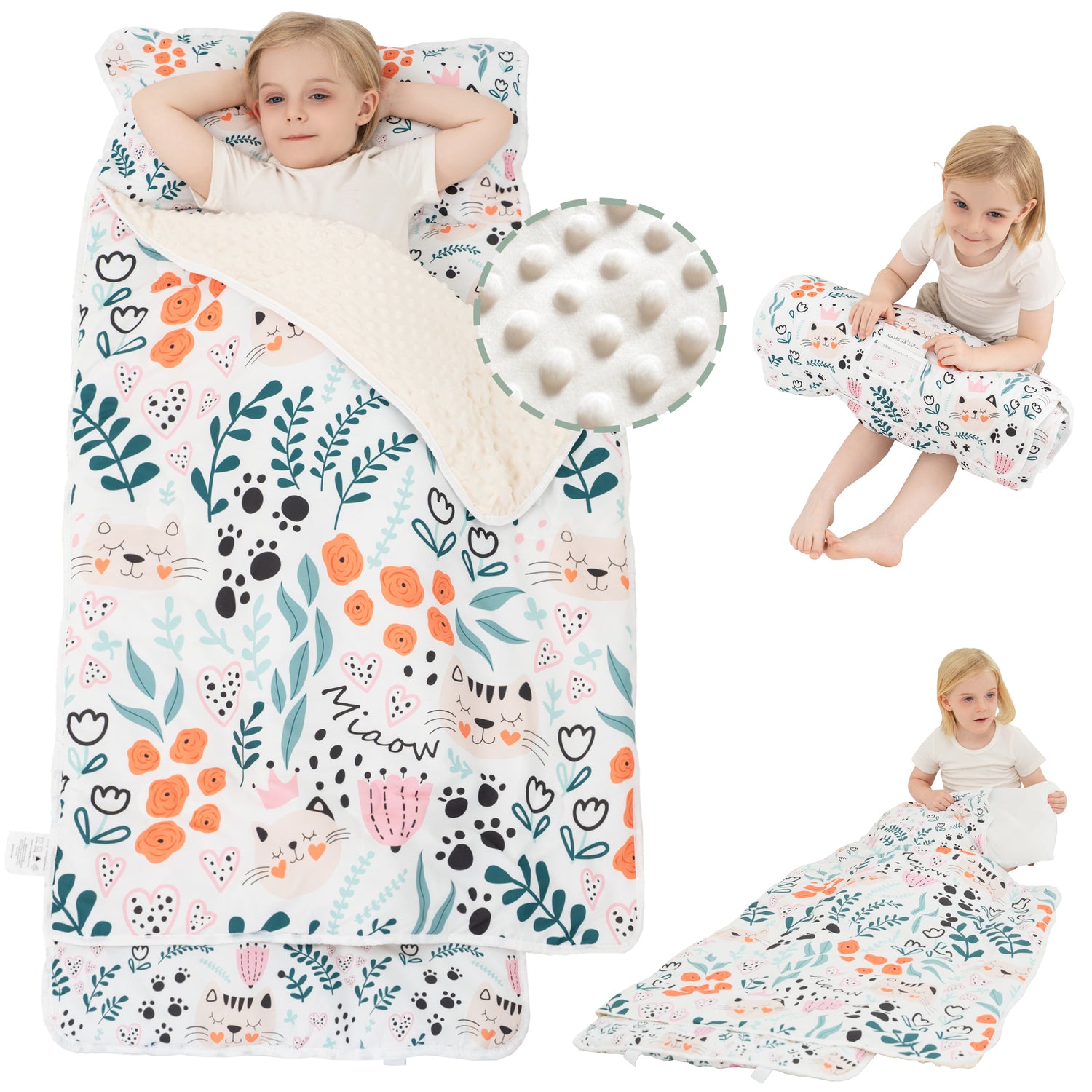 Cute Cat Toddler Nap Mat with Pillow and Blanket