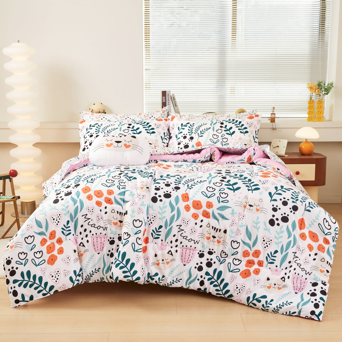 Flower and Cat Comforter Sets for Kids– 6 or 8 Piece Options