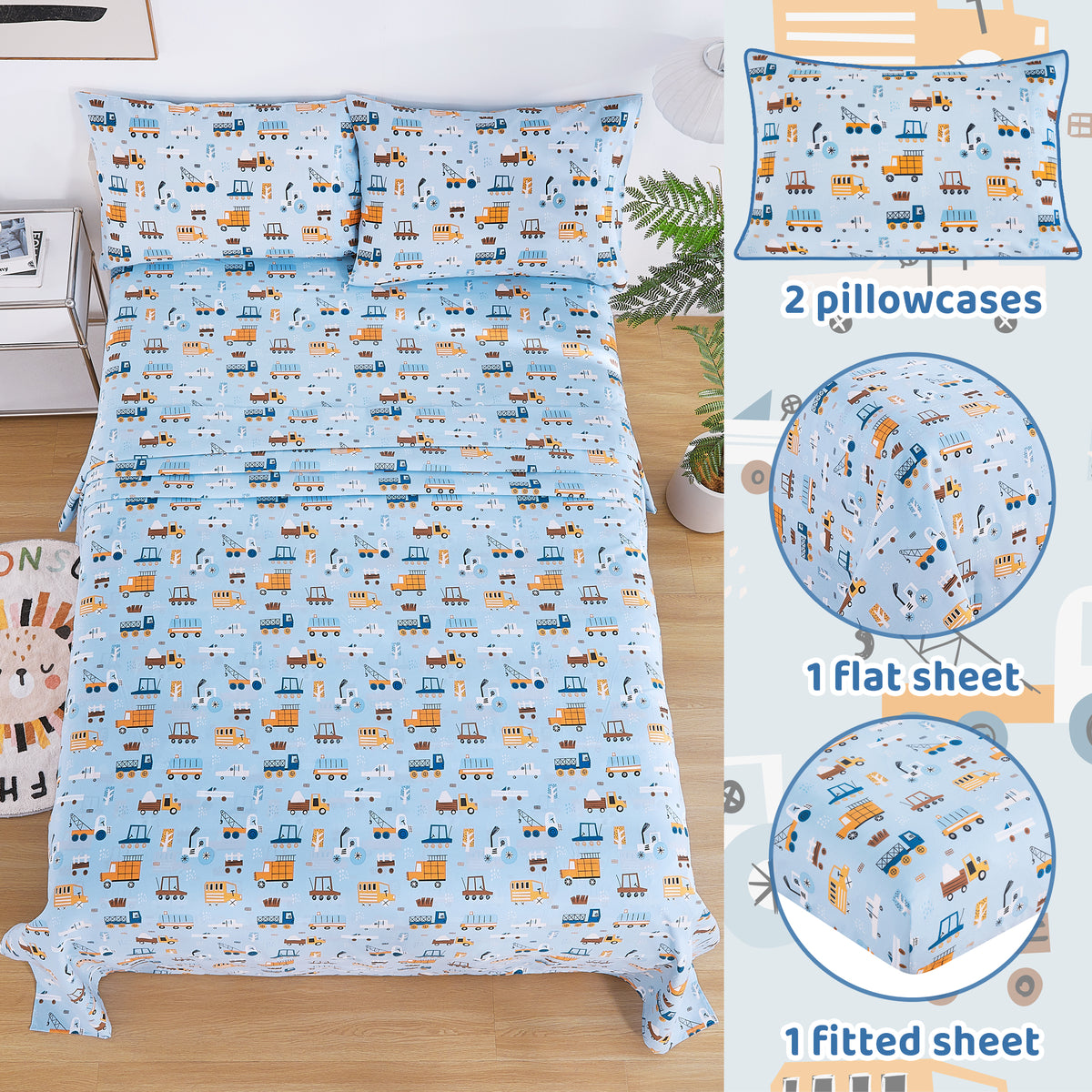 Blue Truck Kids Bed Sheet Set Deep Pocket Double Brushed Microfiber