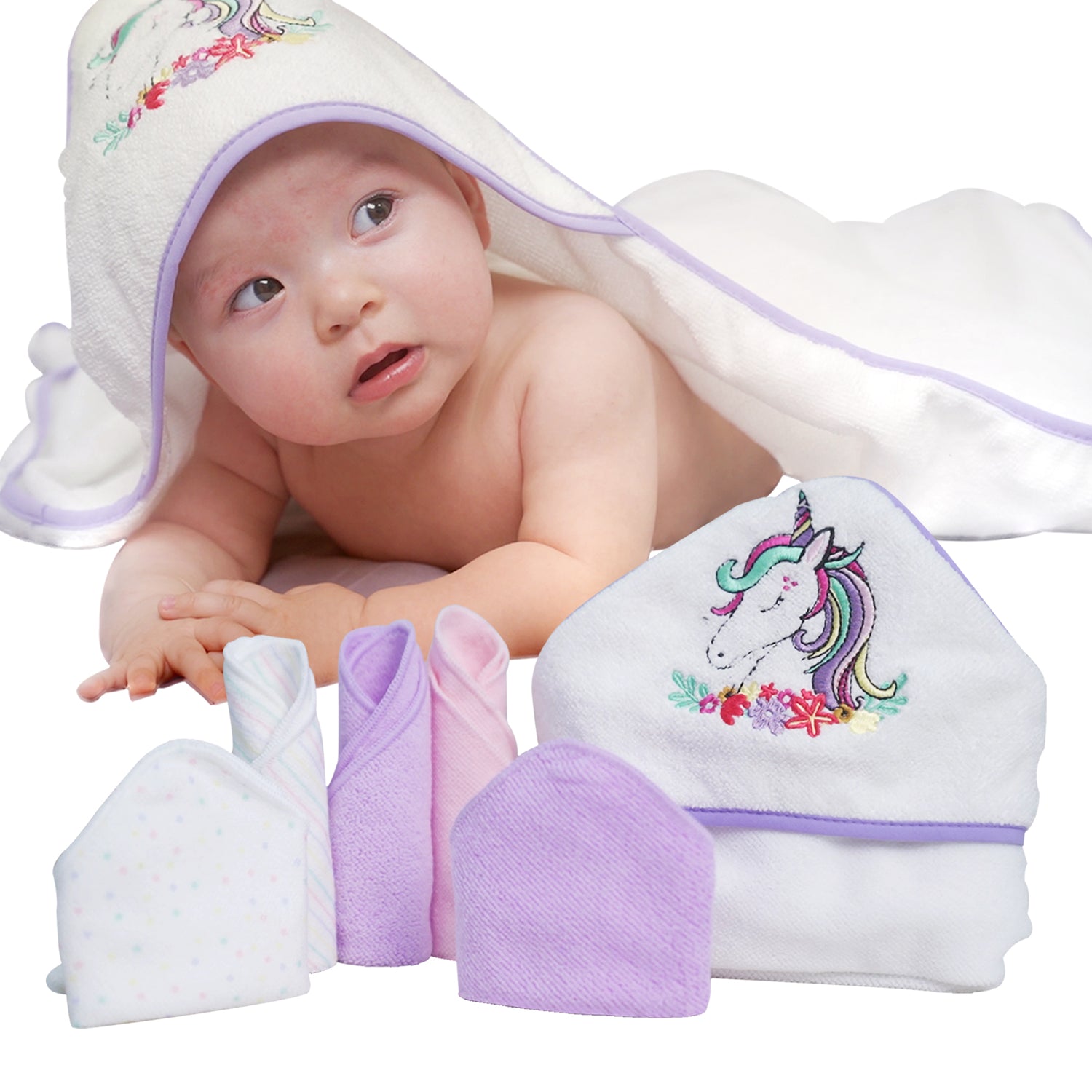 Purple Unicorn Baby Hooded Towel and Washcloth Set 6-Pack Size 30 x 26 Inch