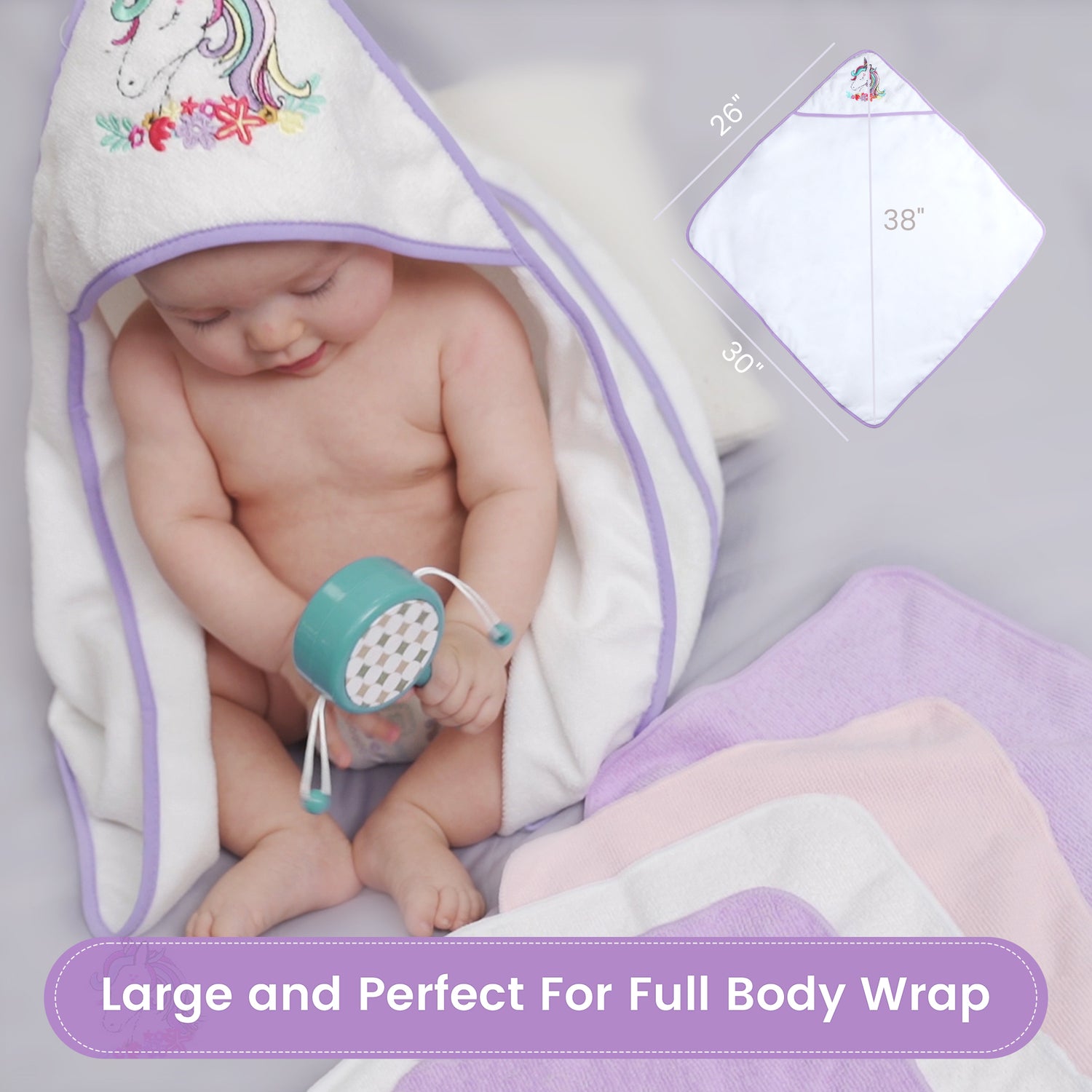 Purple Unicorn Baby Hooded Towel and Washcloth Set 6-Pack Size 30 x 26 Inch
