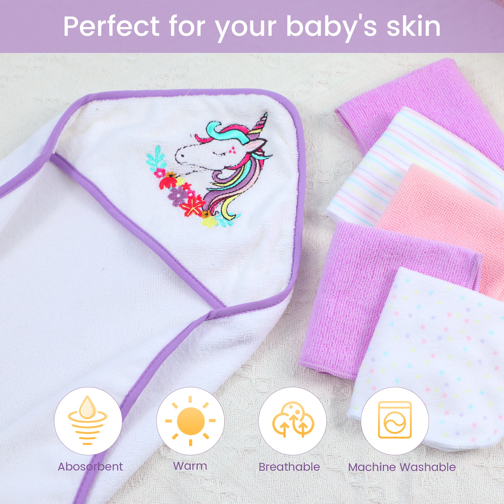 Purple Unicorn Baby Hooded Towel and Washcloth Set 6-Pack Size 30 x 26 Inch