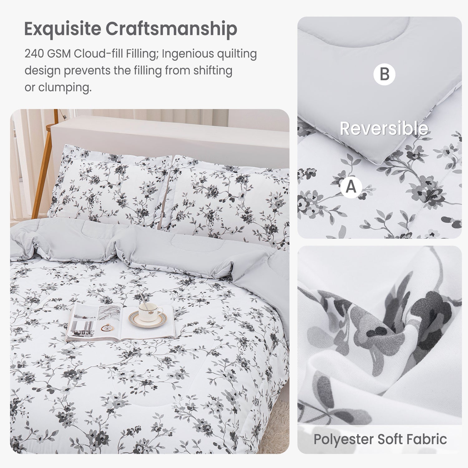 White Grey Flower 3 Pieces Comforter Sets with Pillow Shams