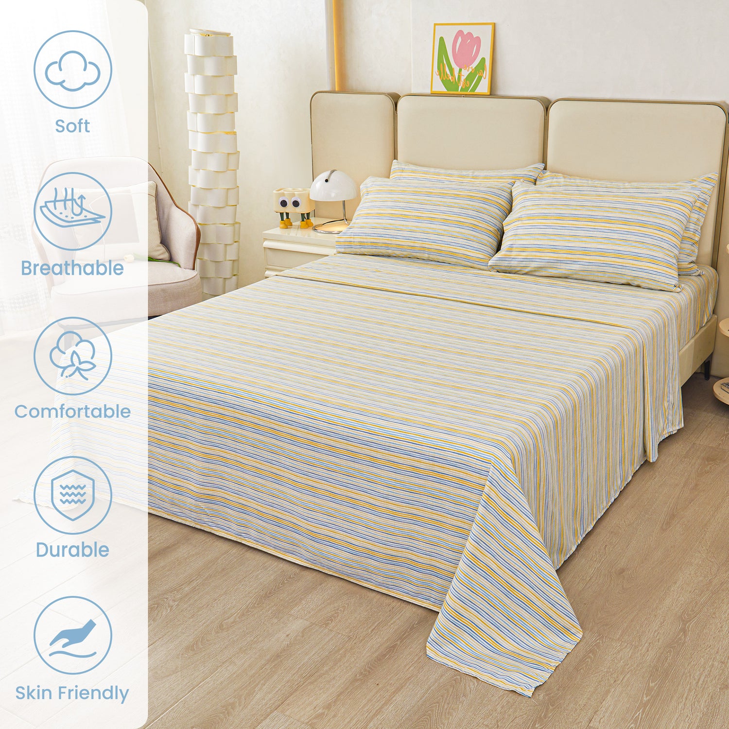 Vibrant Blue Yellow Pinstripe Bed Sheets Set