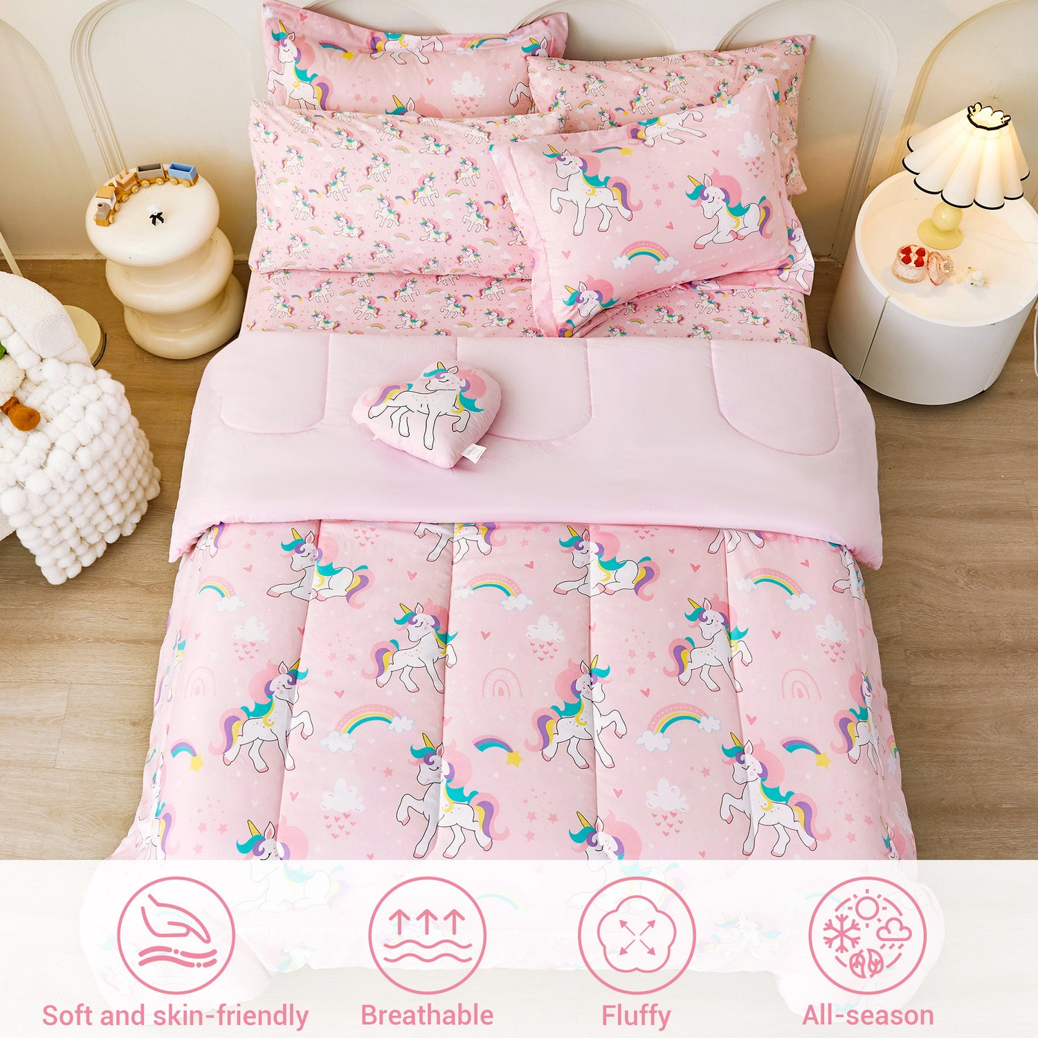 Pink Unicorn Rainbow 6/8 Pcs Comforter Sets for Girls Kids
