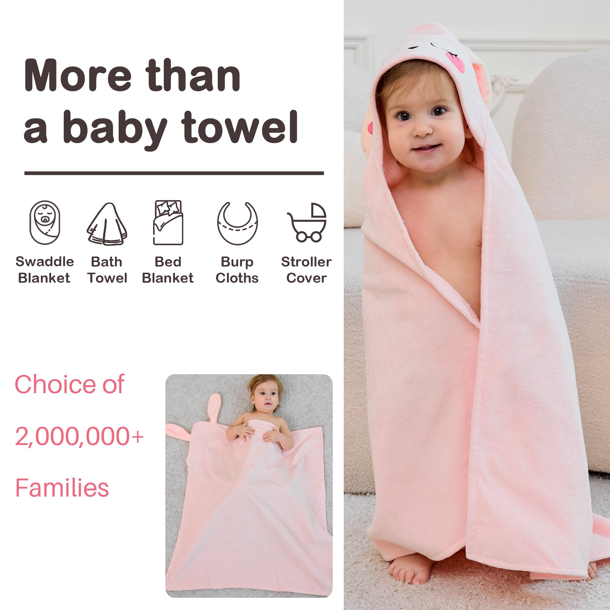 (Dog & Pink Rabbit) 2 Pack Cotton Hooded Baby Towels, Extra Thick and Absorbent, 32" * 32"