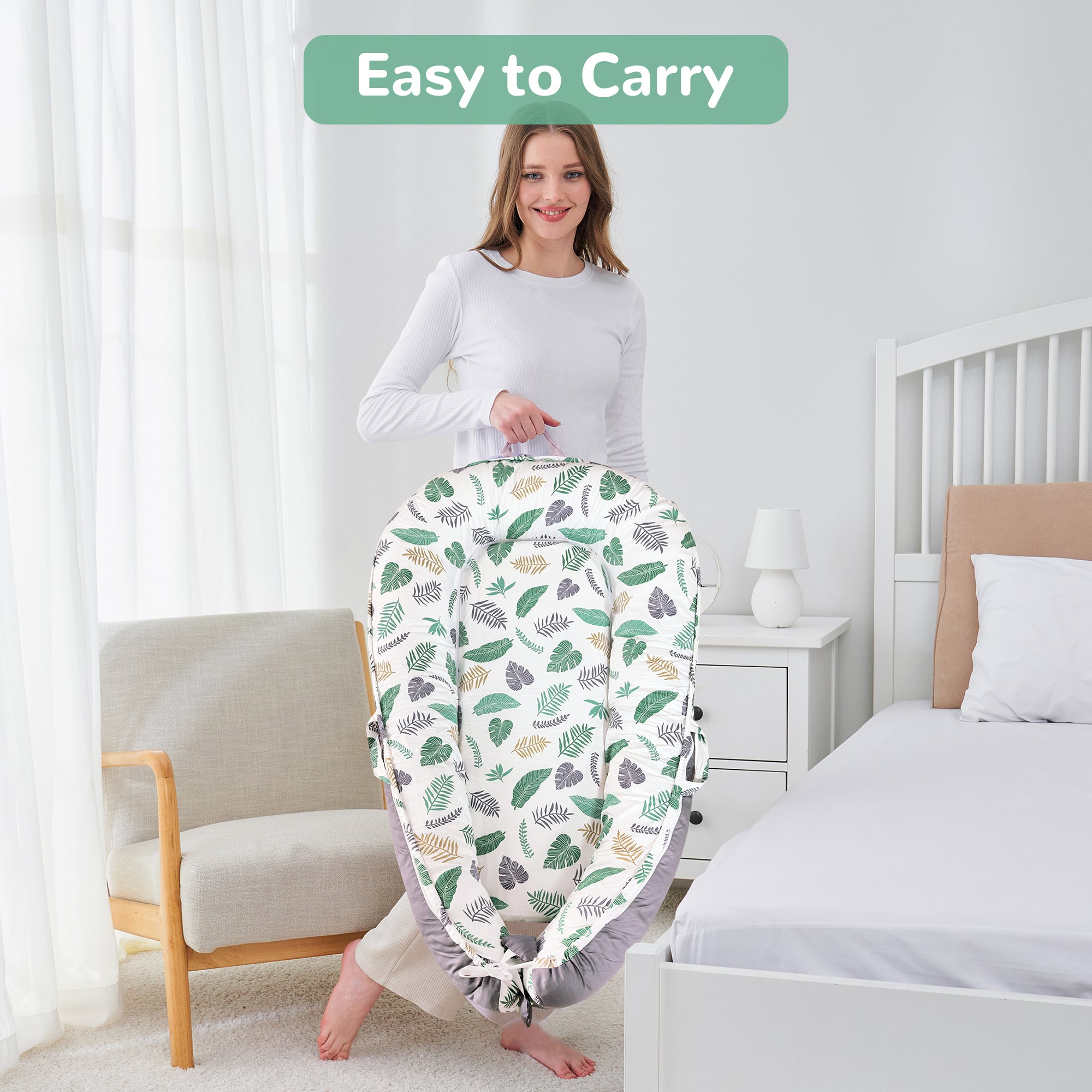 Green Feather Baby Lounger - Baby Nest Co Sleeper for Baby Bed, Soft & Breathable Portable Cotton Newborn Lounger Nest for Crib Bassinet