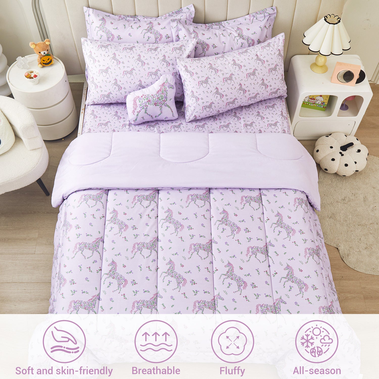 Purple Floral Unicorn 6/8 Pcs Comforter Sets for Girls Kids