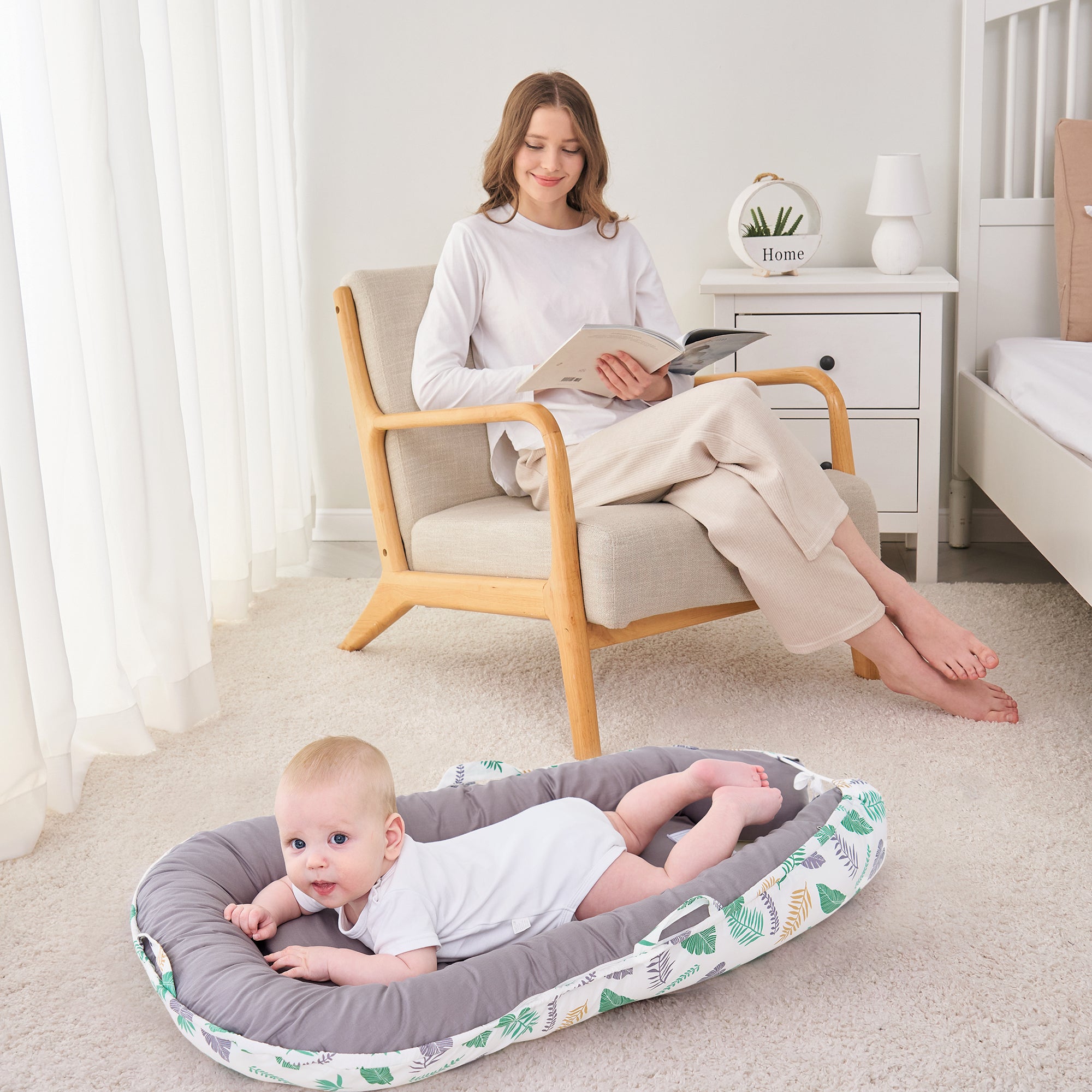 Green Feather Baby Lounger - Baby Nest Co Sleeper for Baby Bed, Soft & Breathable Portable Cotton Newborn Lounger Nest for Crib Bassinet