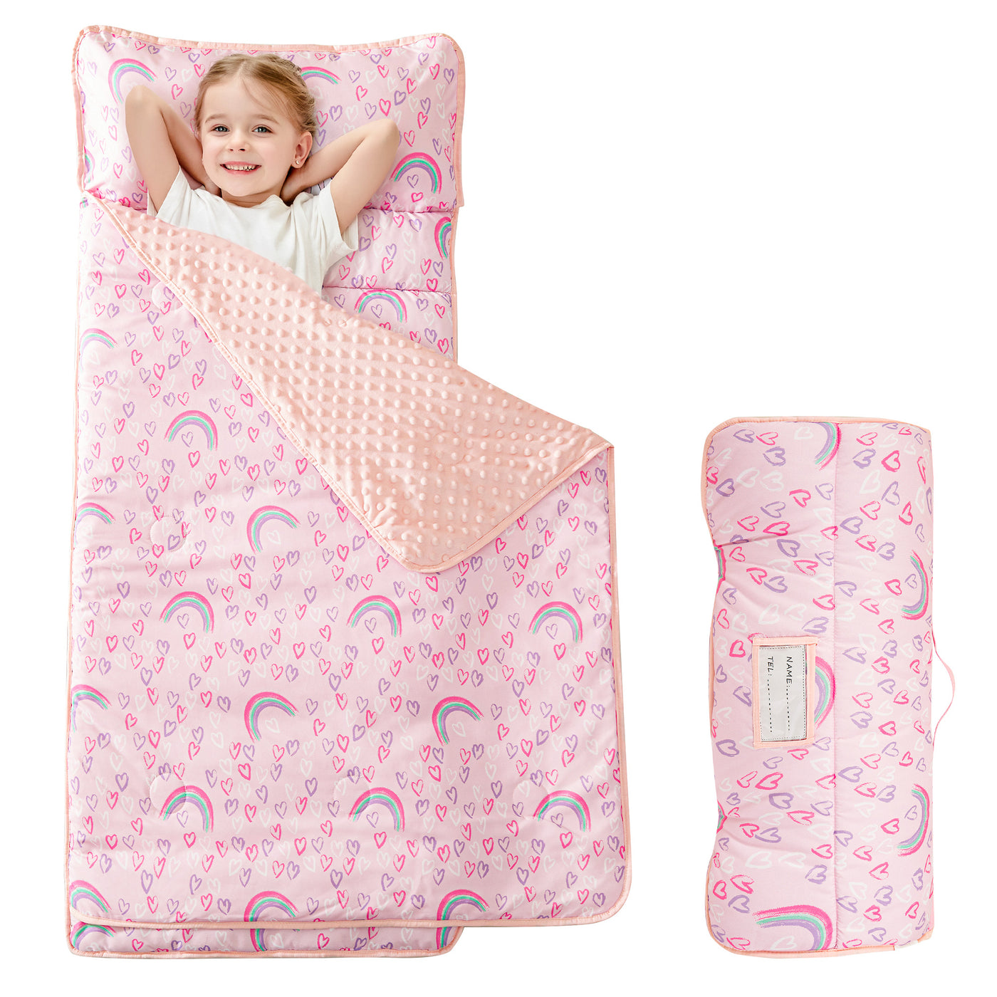 Viviland Kids Nap Mat, Girls Slumber Bag, Daycare Sleeping Bag with Pillow and Blanket, Pink Rainbow Print Kindergarten Sleep Mat