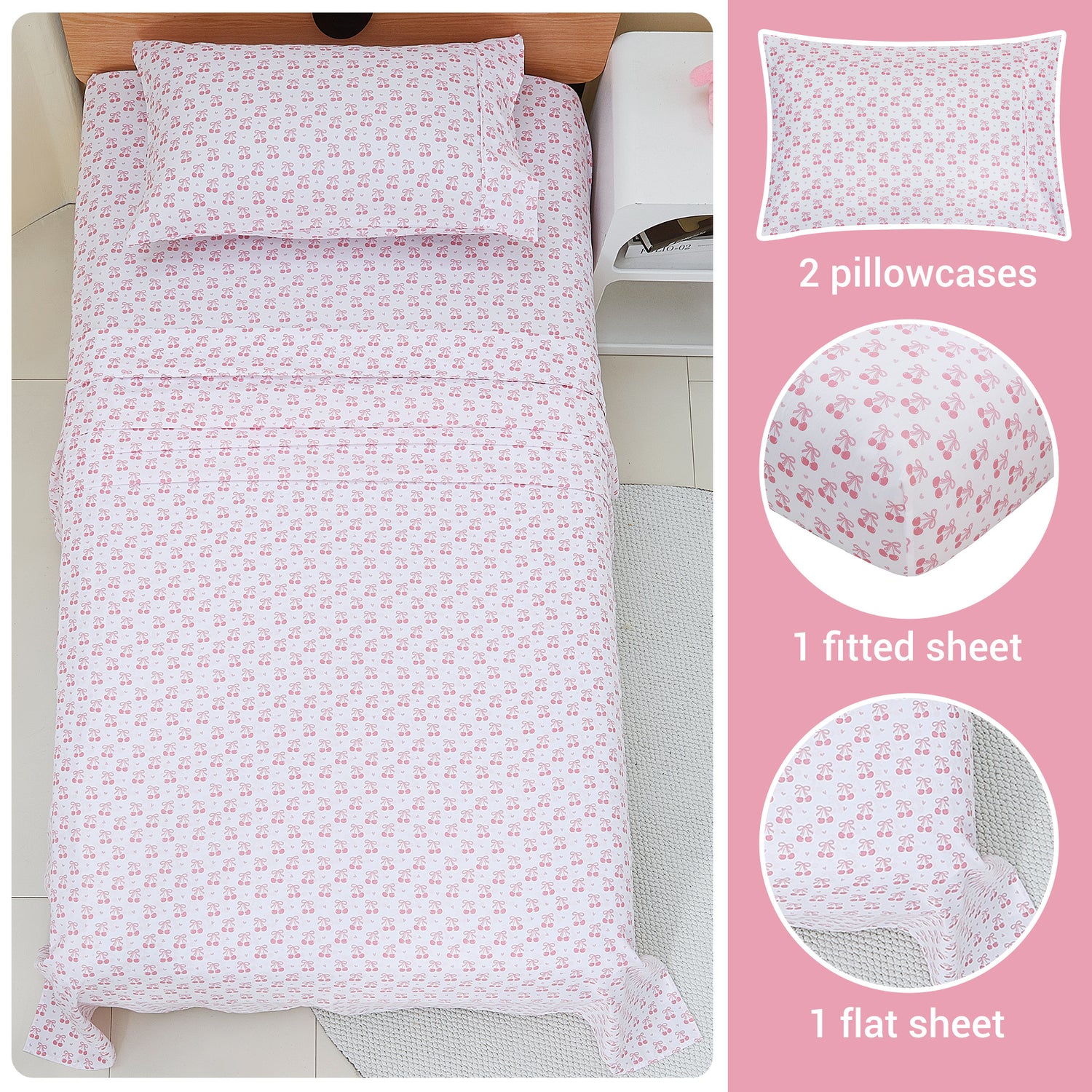 Pink Cherry Bow Kids Bed Sheet Set
