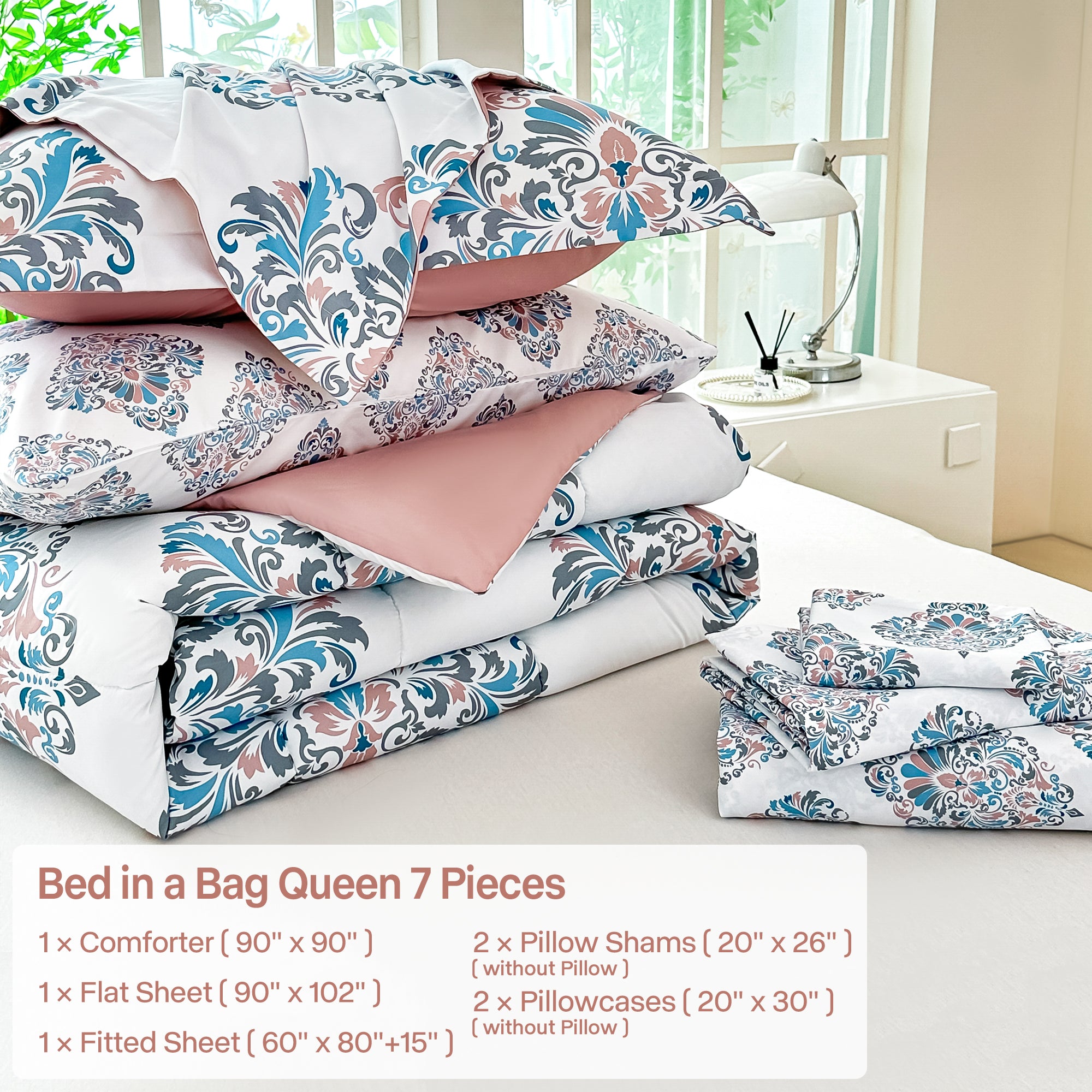 Graceful Floral Damask Comforter Set 7 Pieces