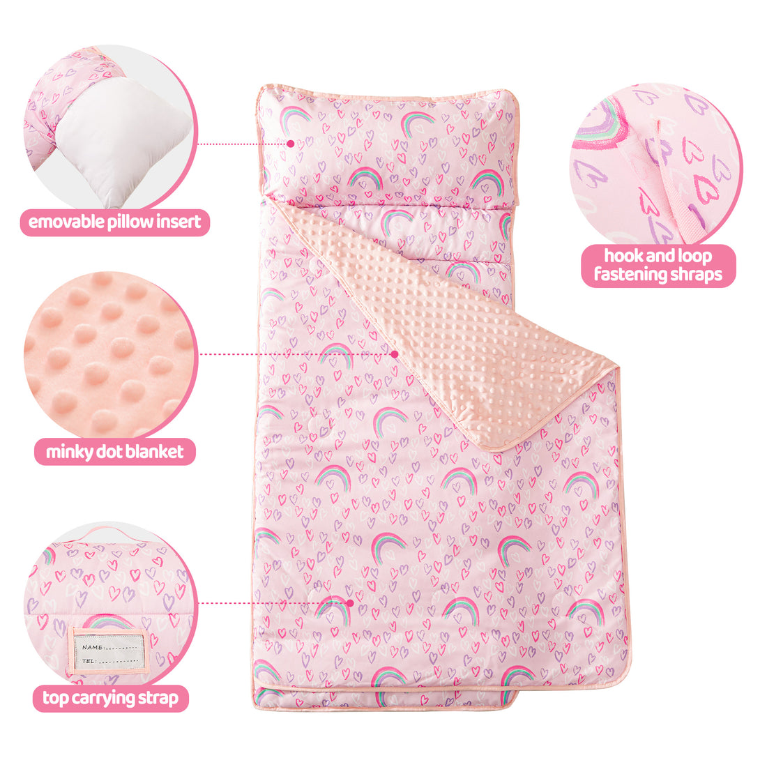 Viviland Kids Nap Mat, Girls Slumber Bag, Daycare Sleeping Bag with Pillow and Blanket, Pink Rainbow Print Kindergarten Sleep Mat