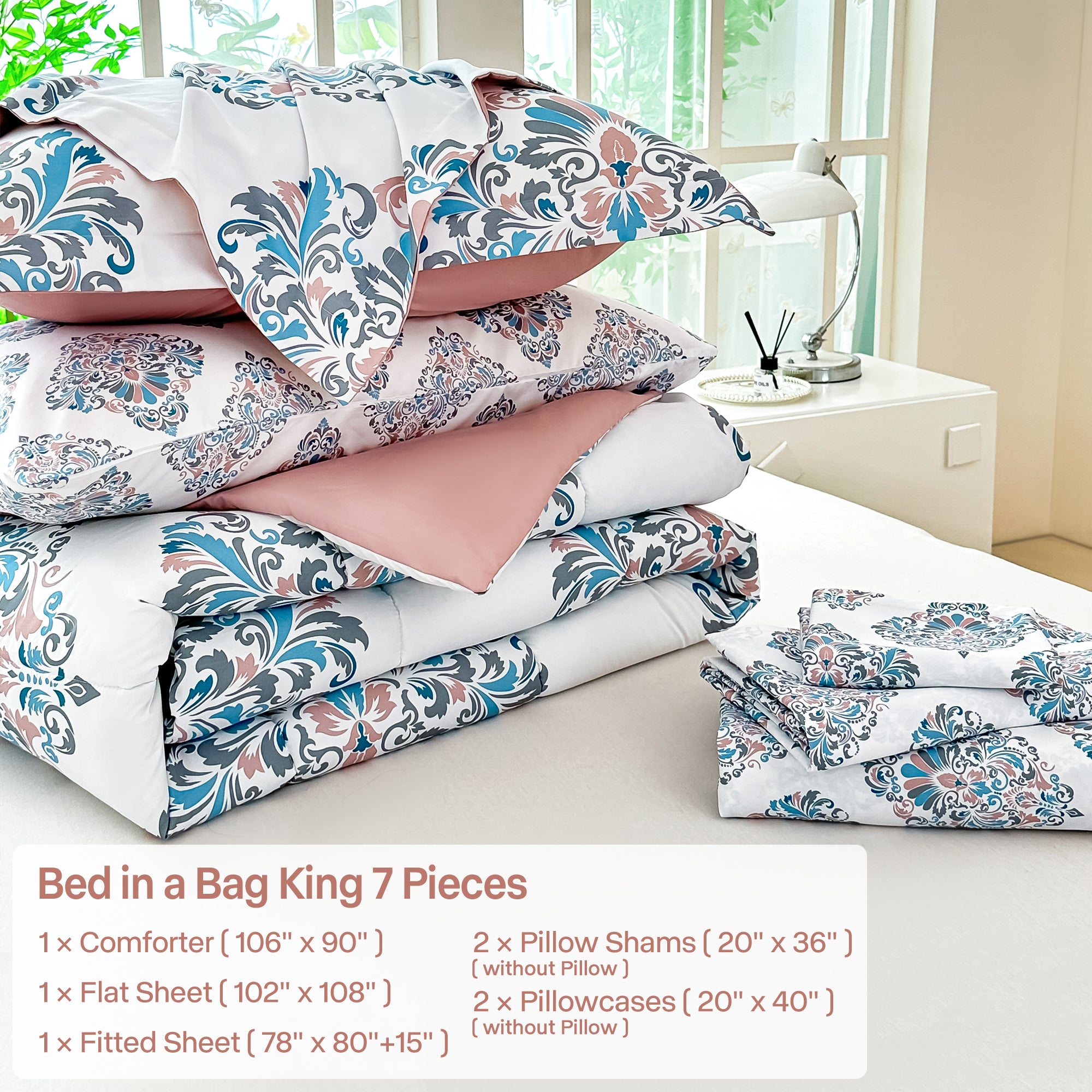 Graceful Floral Damask Comforter Set 7 Pieces