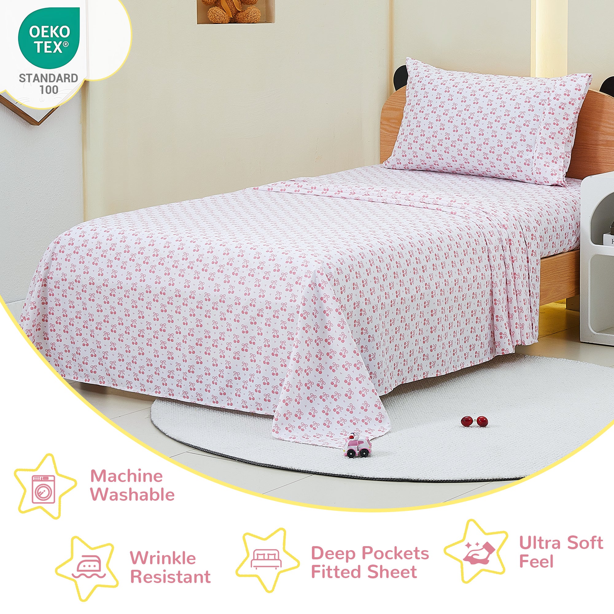 Pink Cherry Bow Kids Bed Sheet Set