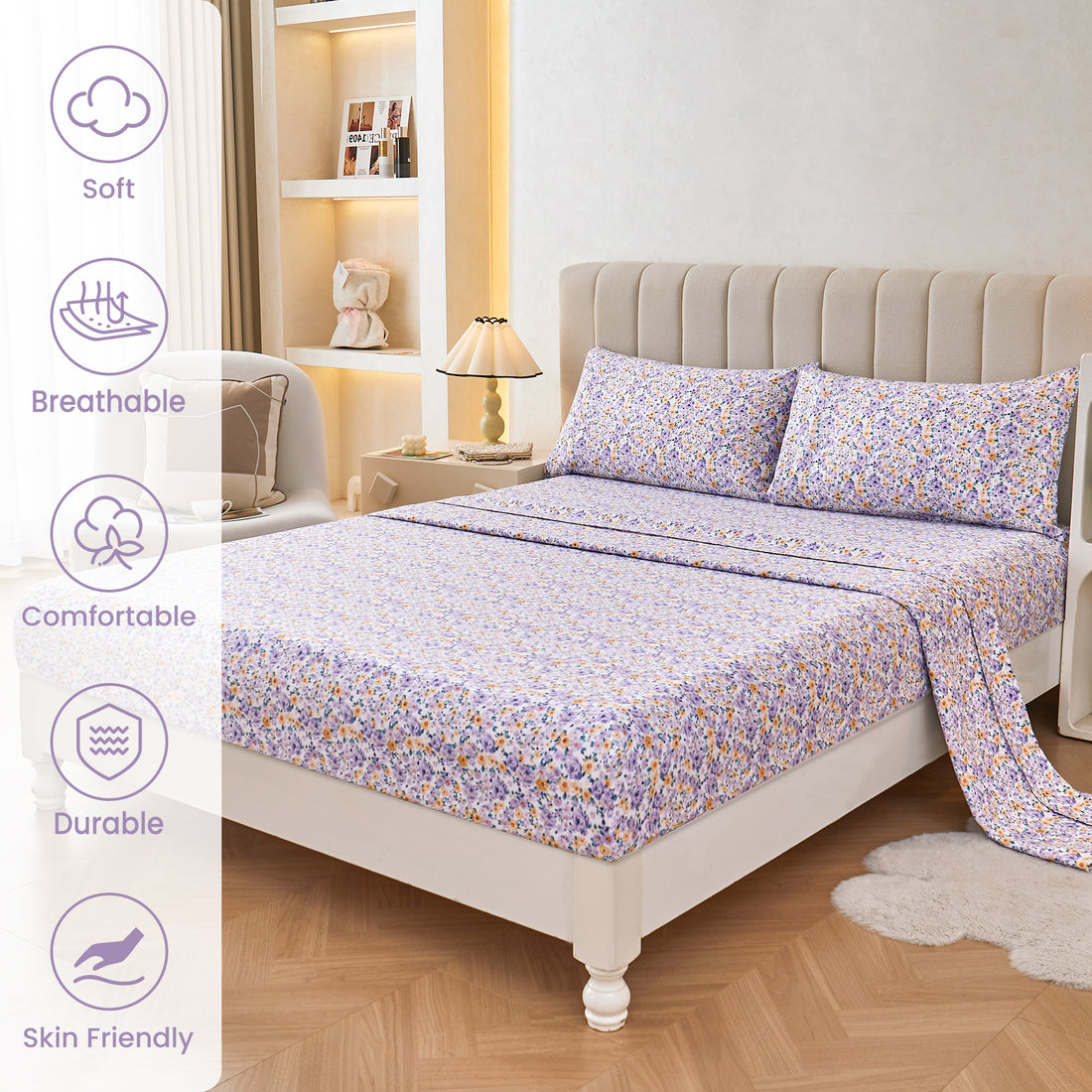 Pastel Purple Floral Bed Sheet Set Deep Pocket Double Brushed Microfiber