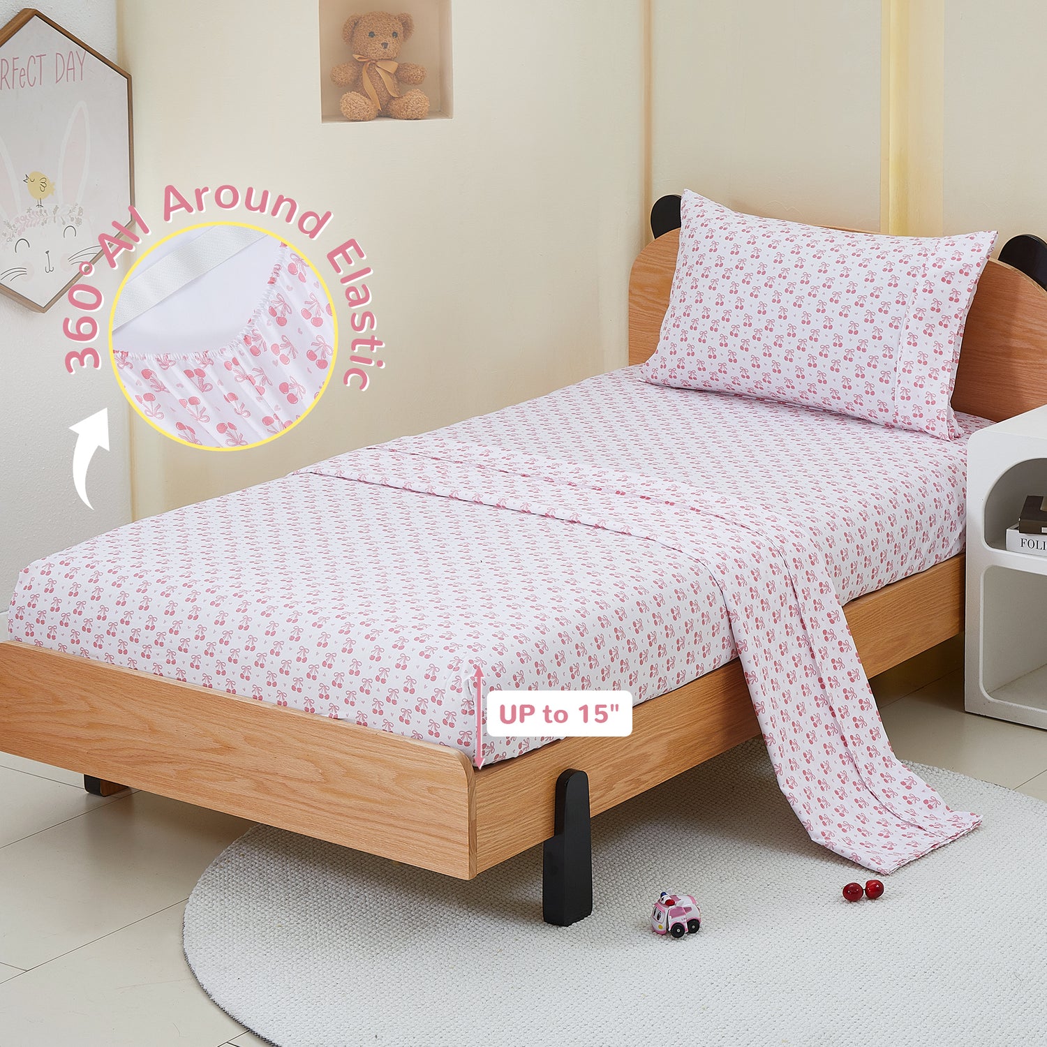 Pink Cherry Bow Kids Microfiber Bed Sheet Set Deep Pocket Soft & Breathable