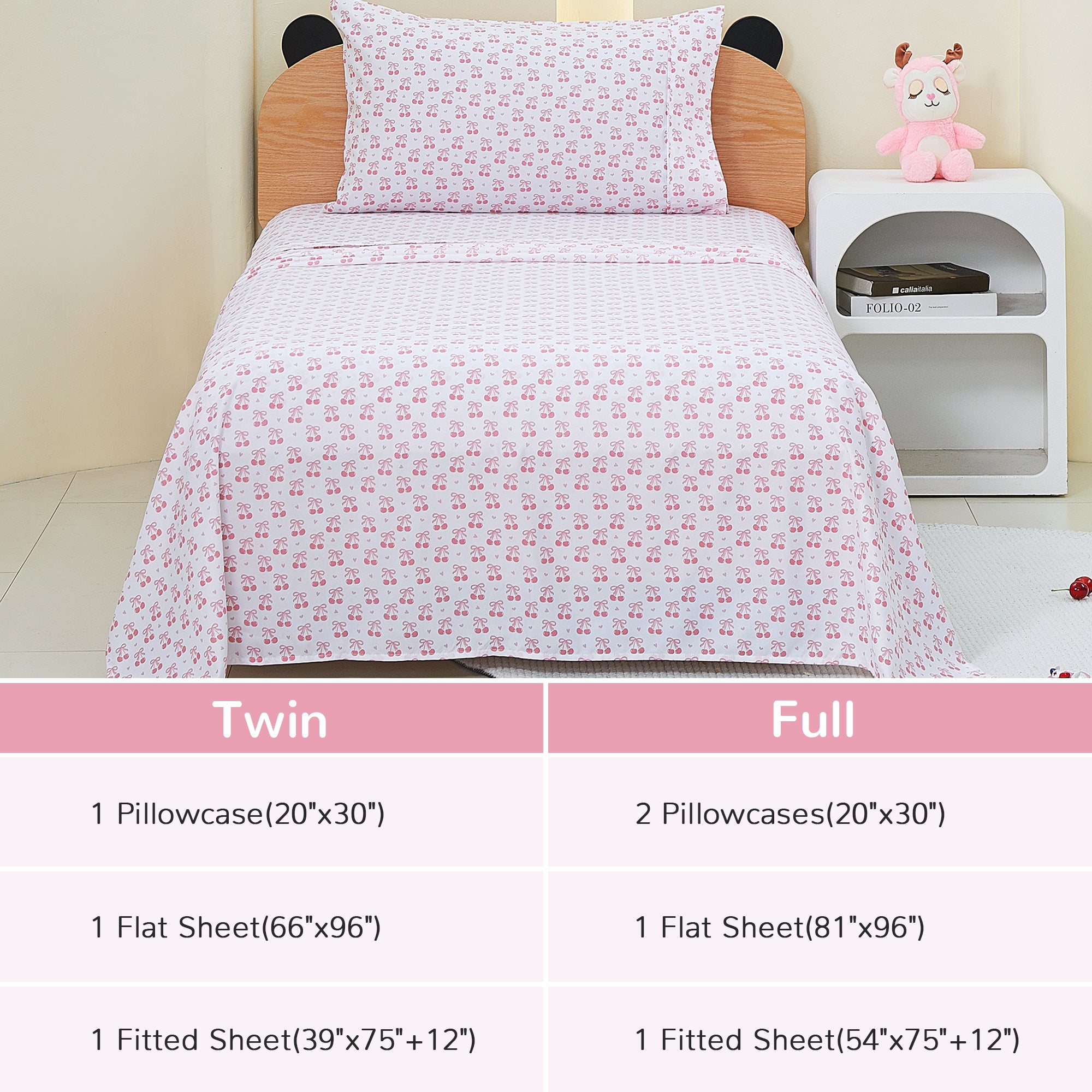Pink Cherry Bow Kids Bed Sheet Set
