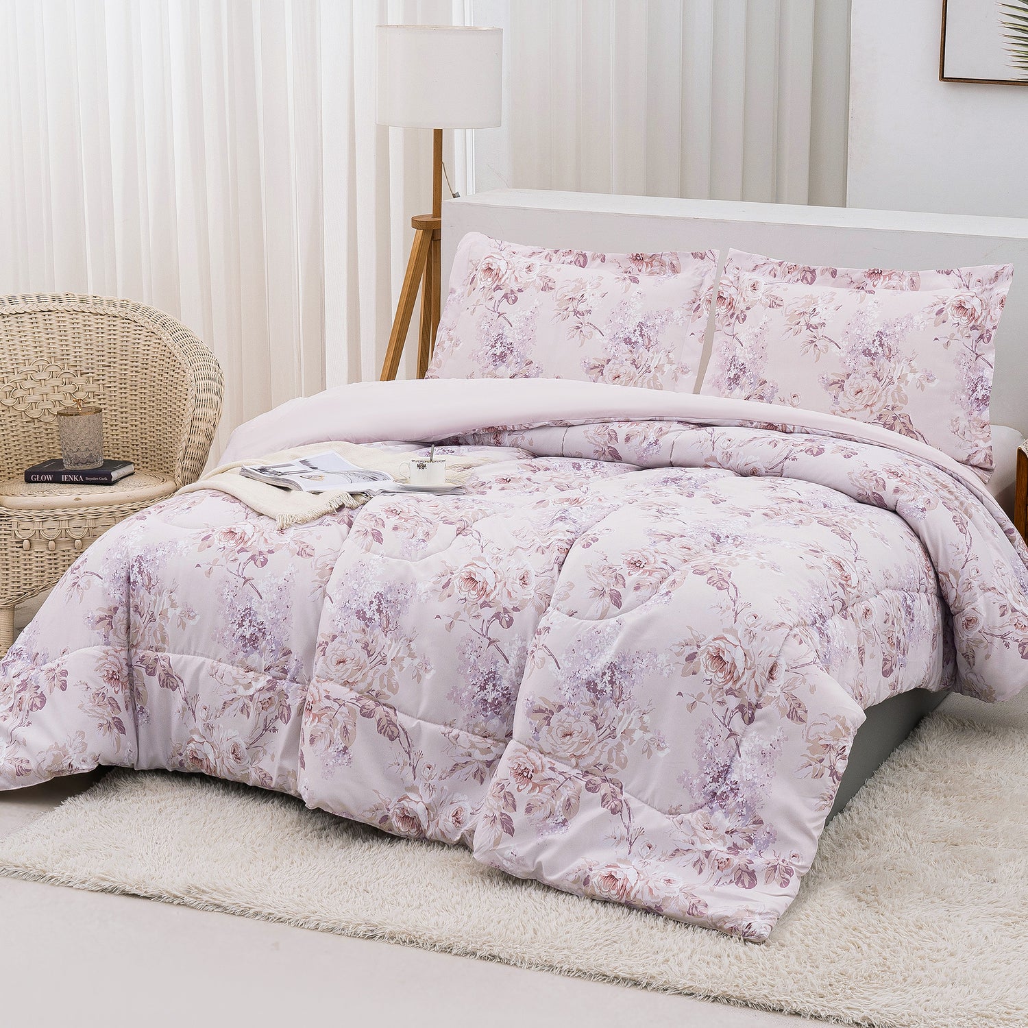 Pink Flower 3 Pieces Comforter Sets with Pillow Shams