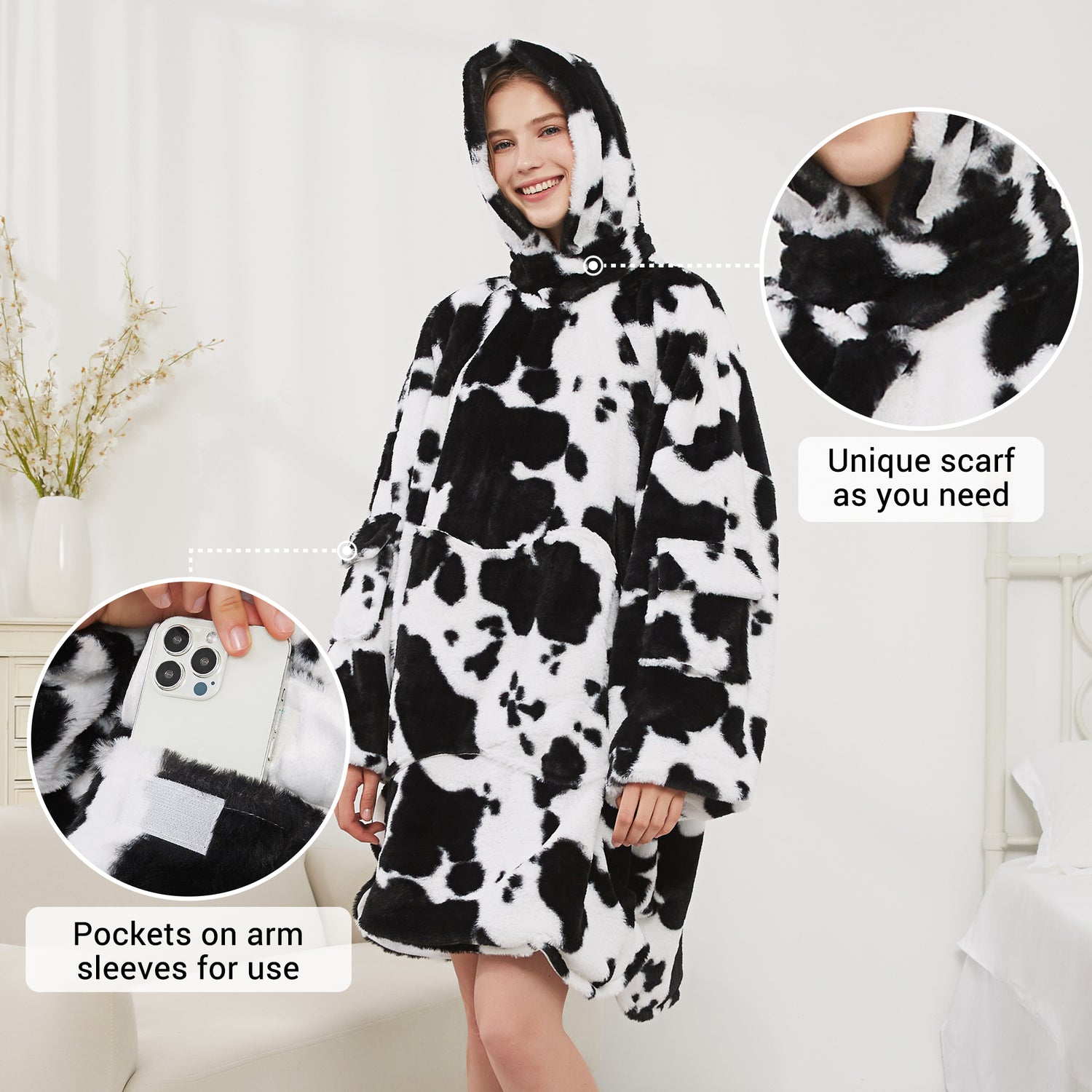 Black Cow Print Blanket Hoodie Oversized Super Soft Warm Giant Pullover with Large Front Pocket,Gifts for Women Men Teenagers