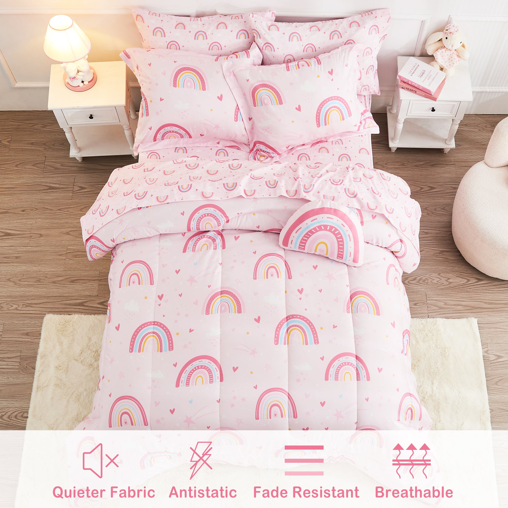 Pink Rainbow Kids Comforter Sets – 6 or 8 Piece Options
