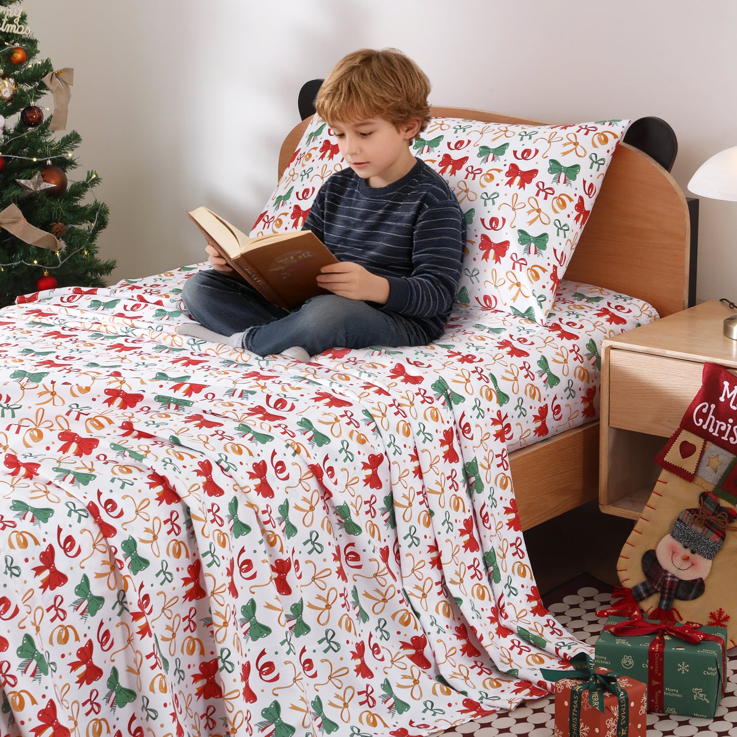 Christmas Bowknot Kids Bed Sheet Set