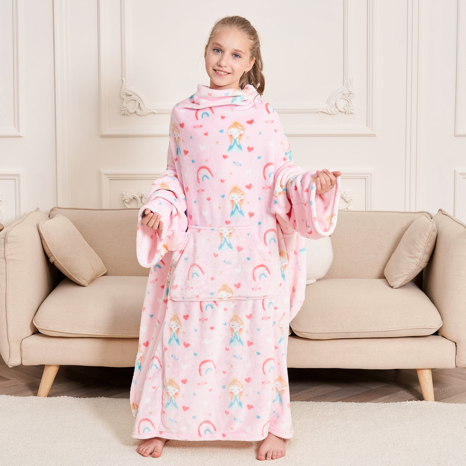 Princess Wearable Fleece Blanket with Sleeves & Foot Pocket for Kids
