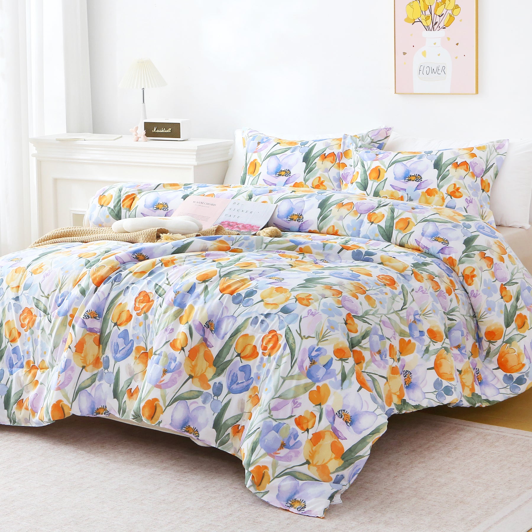 Floral Down Alternative Comforter & Shams Set - Purple Orange Tulip